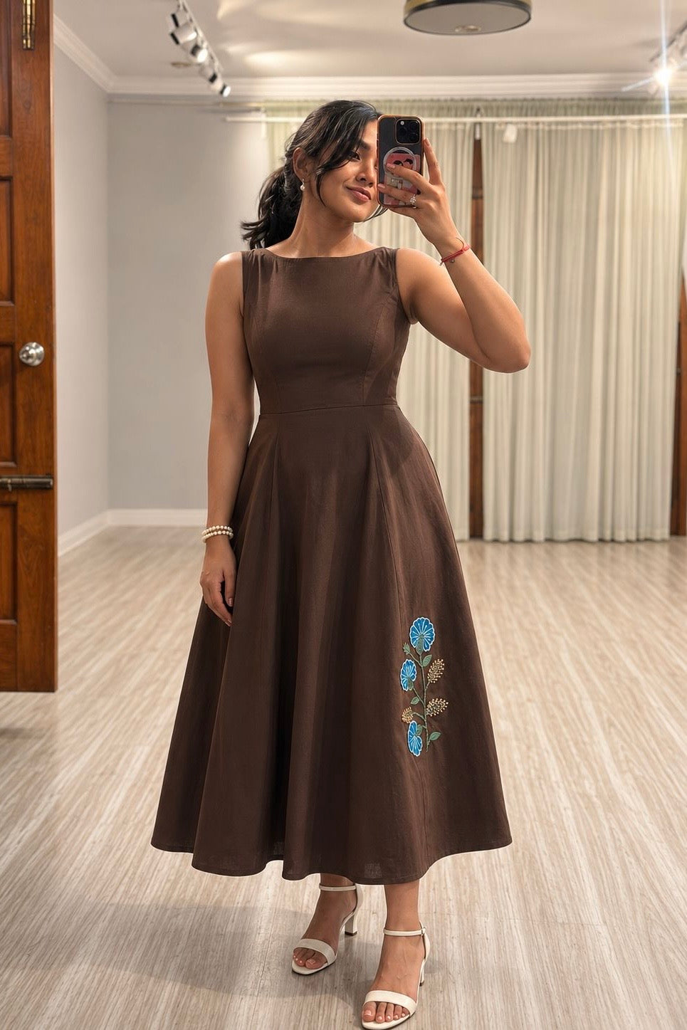 Brown cotton off shoulder Midi Dress for Women | Elegant & Flowy
