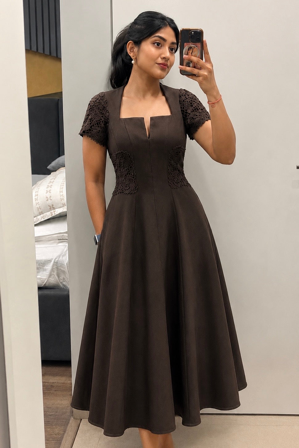 Brown Midi Dress for Women | Lace crafted & Elegant | Aaram – AARAM