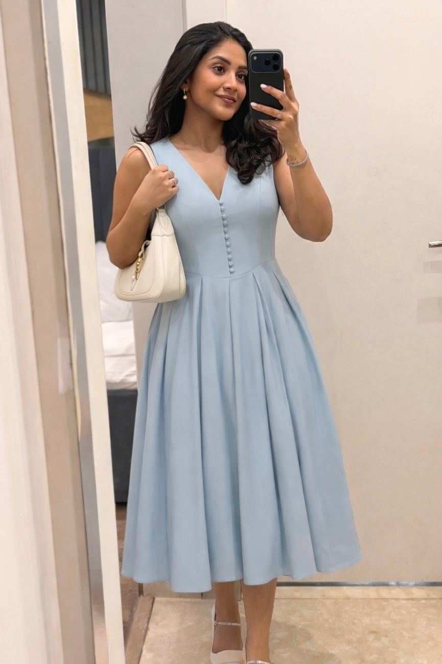Powder Blue Cotton Midi Dress for Women | Sleeveless & Elegant