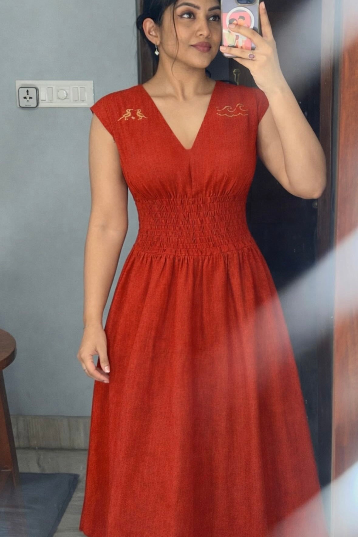 Crimson Red V-Neck Smocked Midi Dress