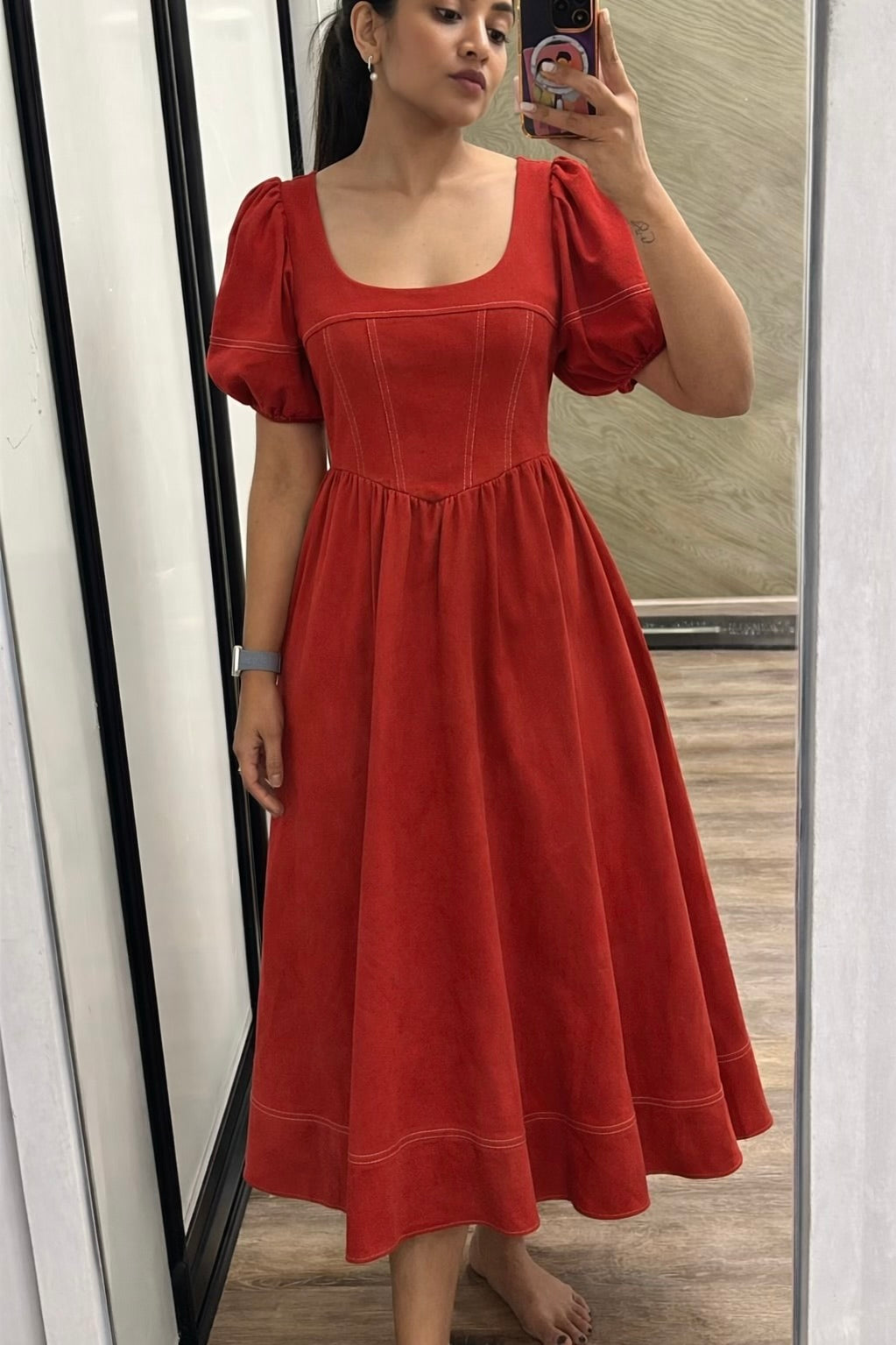 Rust Square-Neck Puff Sleeve Midi Dress