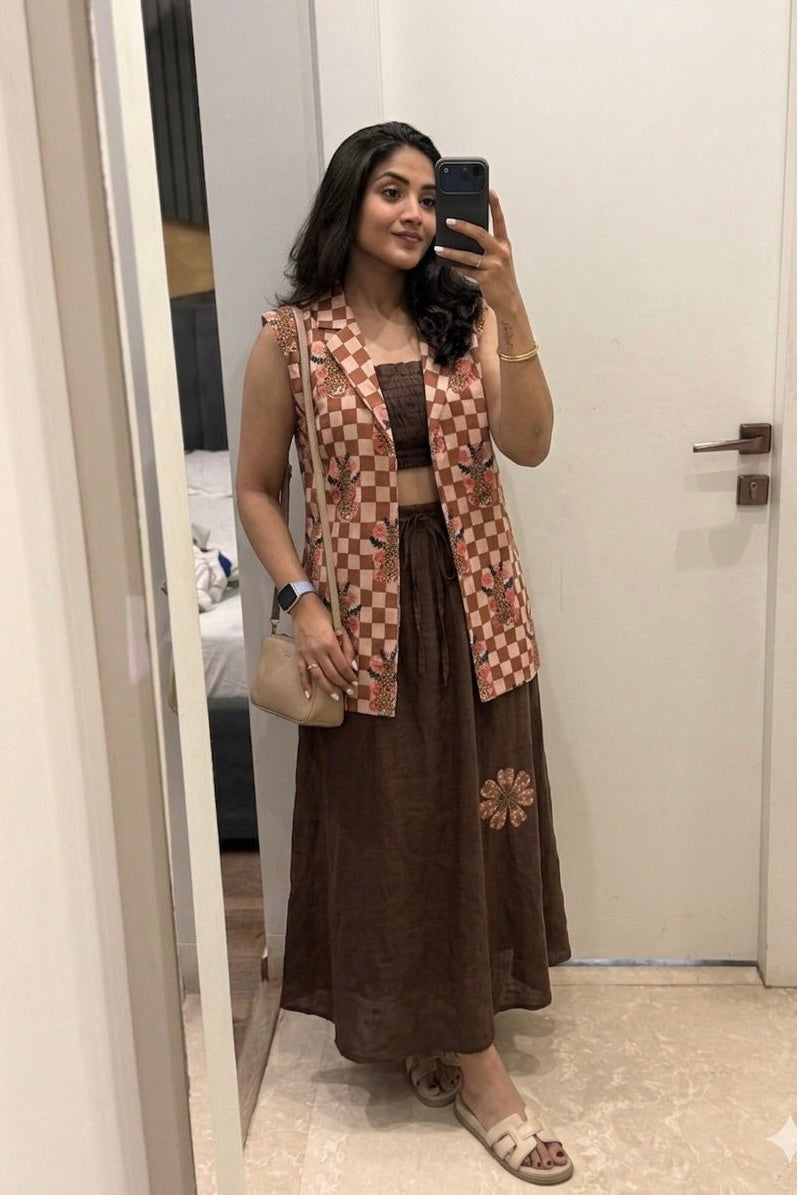 Indo-Western 3-Piece Set – Brown Skirt with Crop Top & Statement Jacket