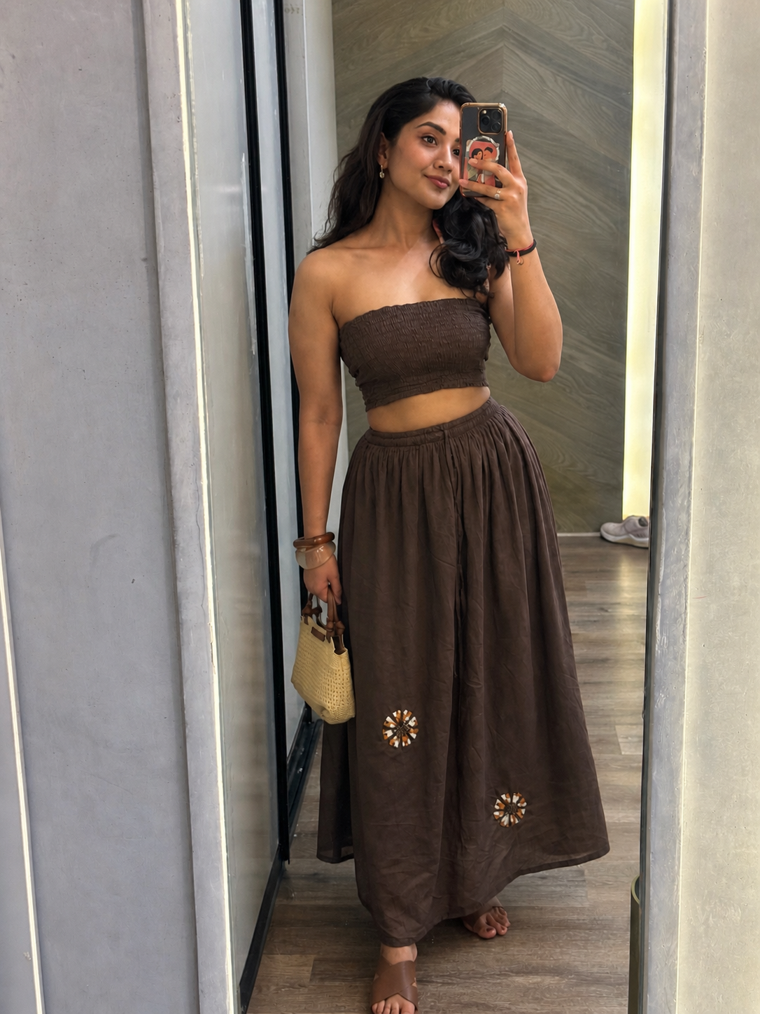 Indo-Western 3-Piece Set – Brown Skirt with Crop Top & Statement Jacket