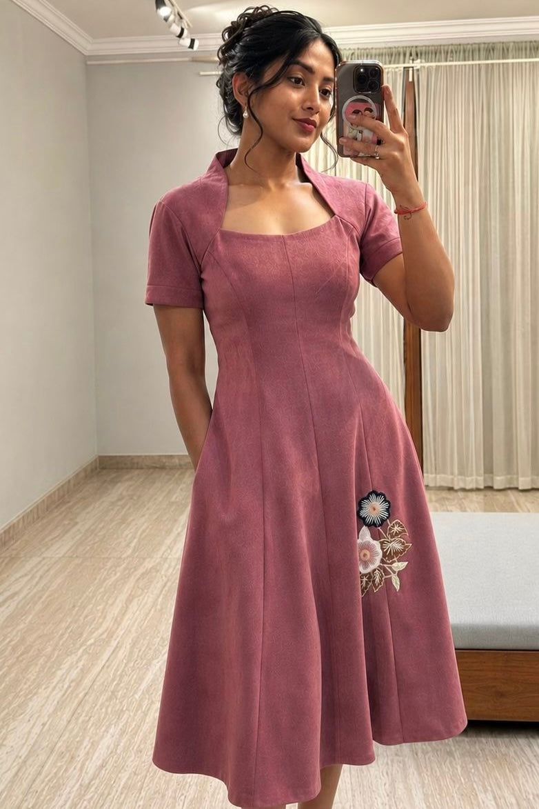 Soft Square Neck Embroidered Midi Dress