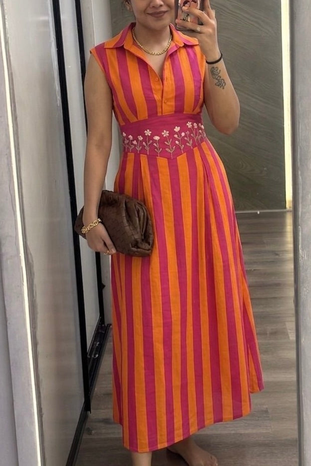 Sunset Stripe Embroidered Midi Dress