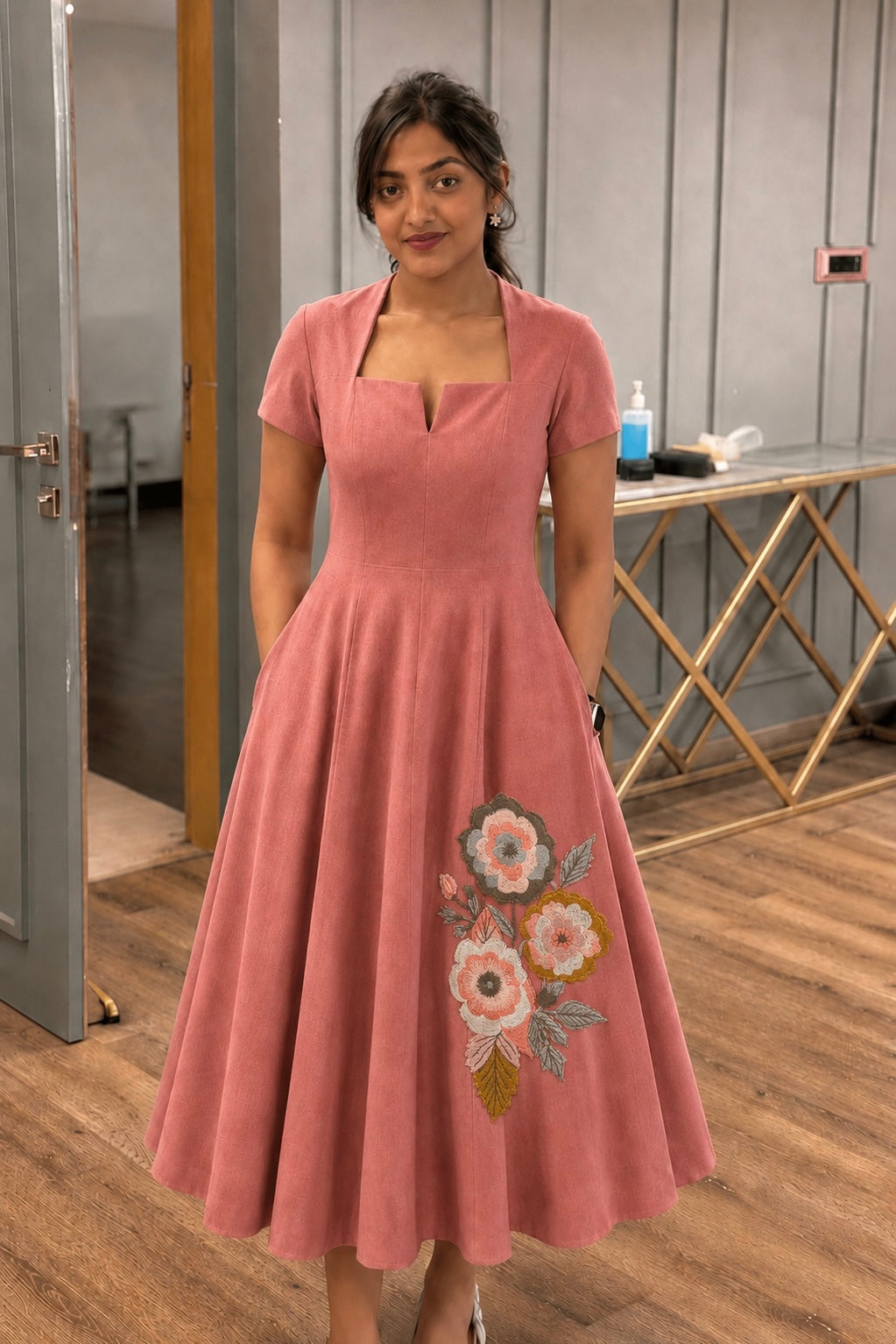 Blush Petal Embroidered Midi Dress