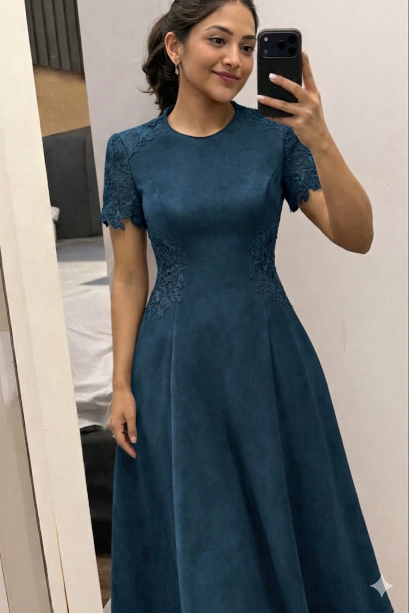 Blue Lace-Detailed Midi Dress