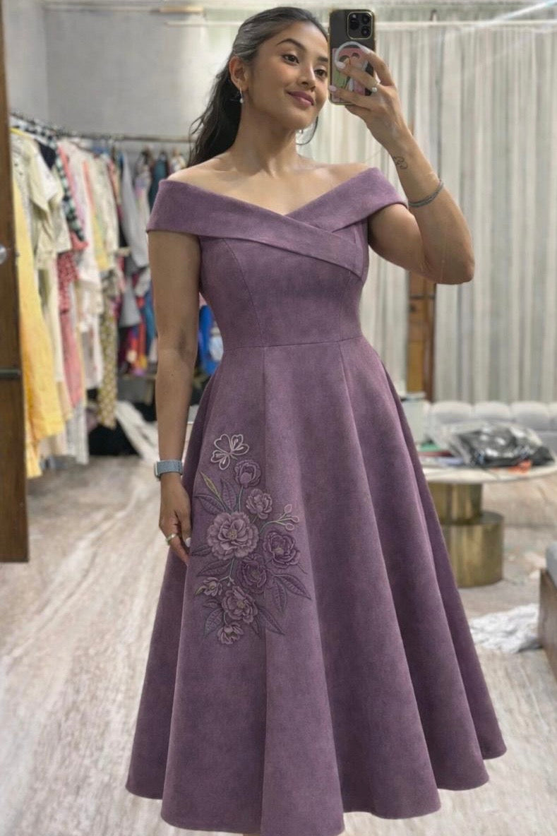 Lavender Off-Shoulder Flared Midi Dress