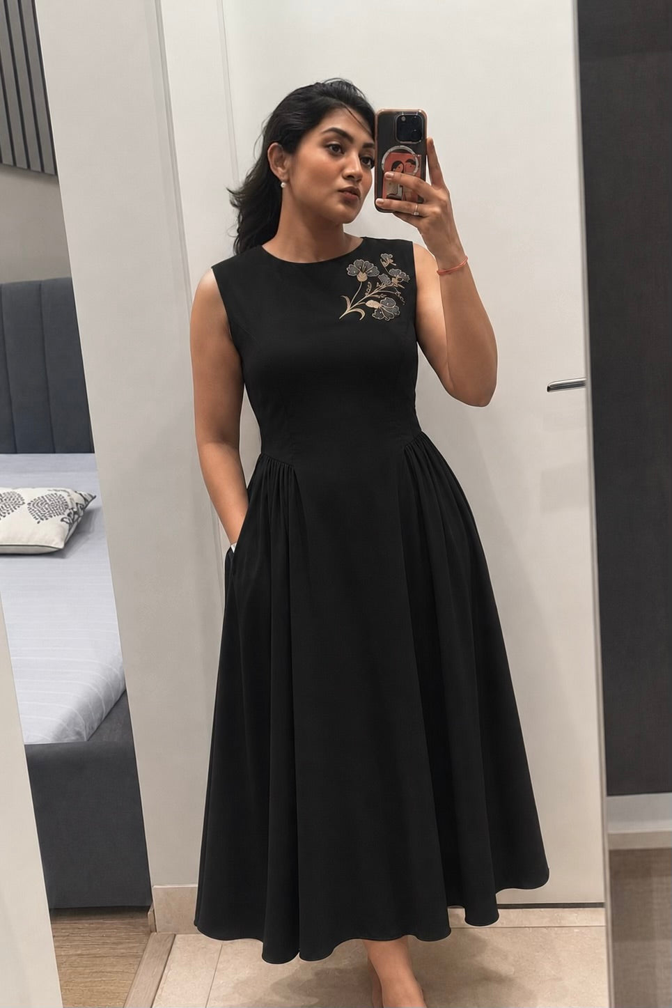Black cotton off shoulder Midi Dress
