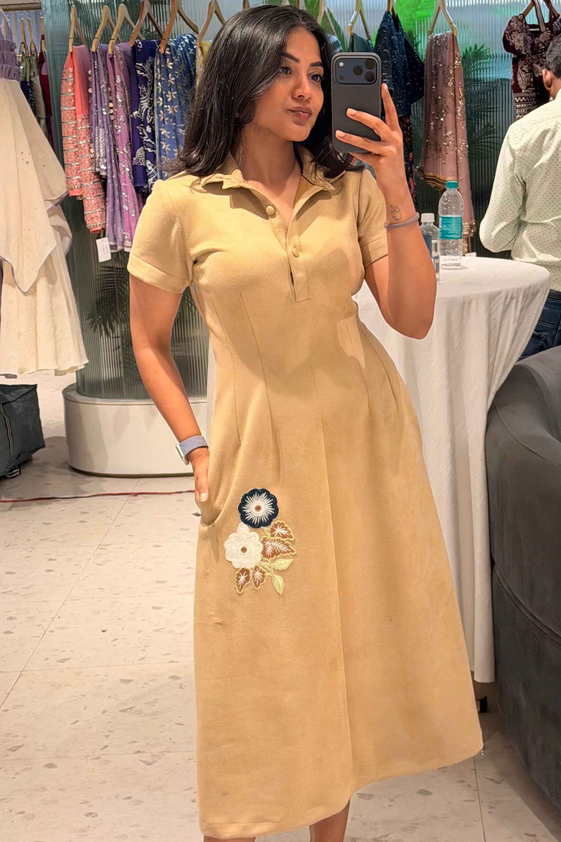 Biscuit Bloom Embroidered Suede Midi Dress