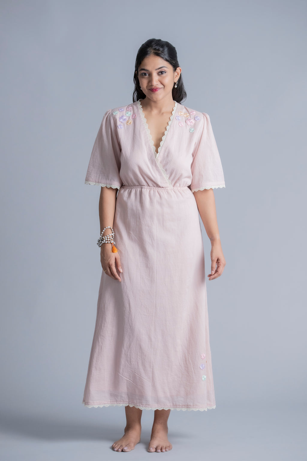 Blush Pink Linen Wrap Dress with Pastel Hand-Embroidered Details