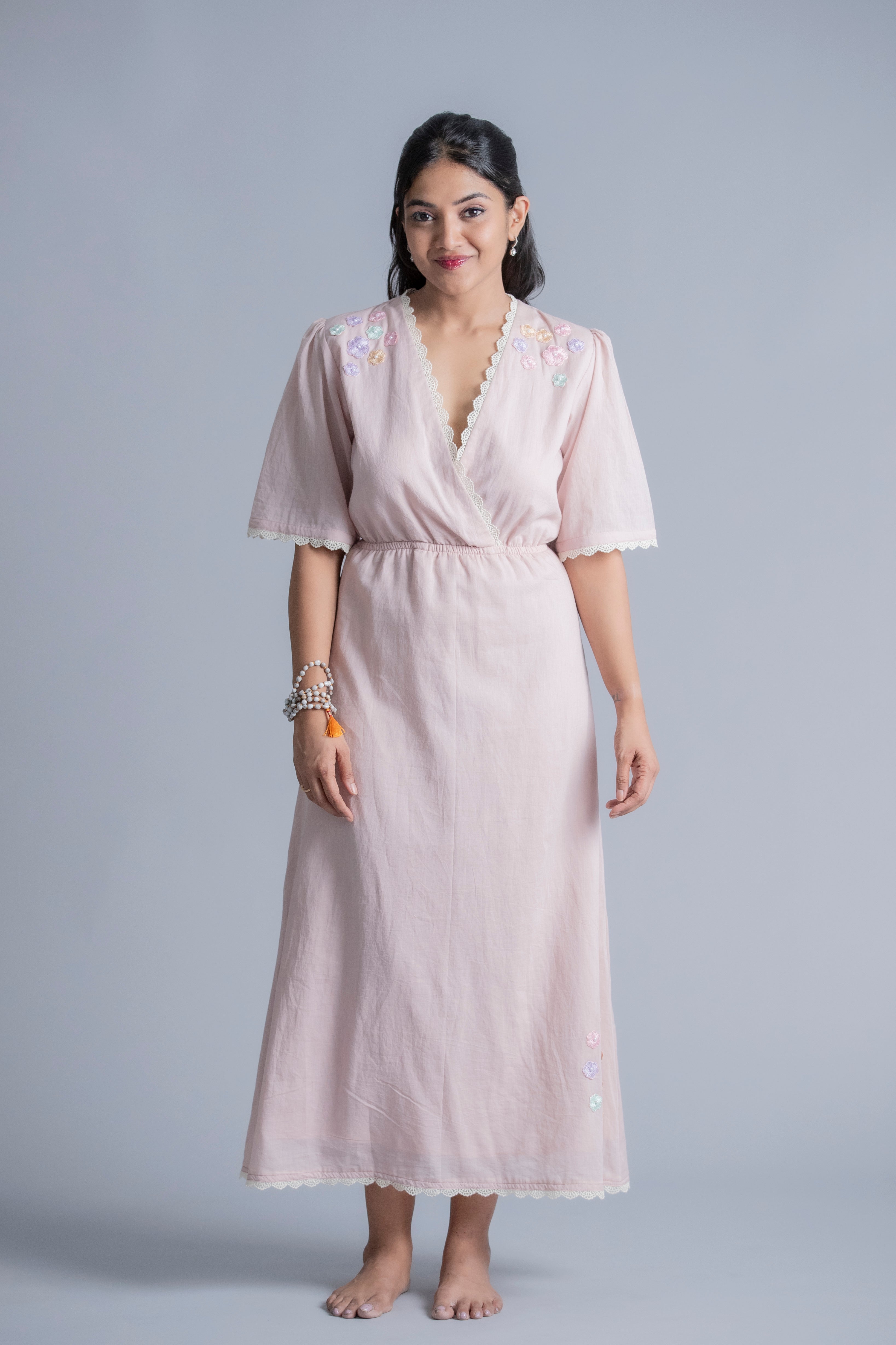 Blush Pink Linen Wrap Dress with Pastel Hand-Embroidered Details