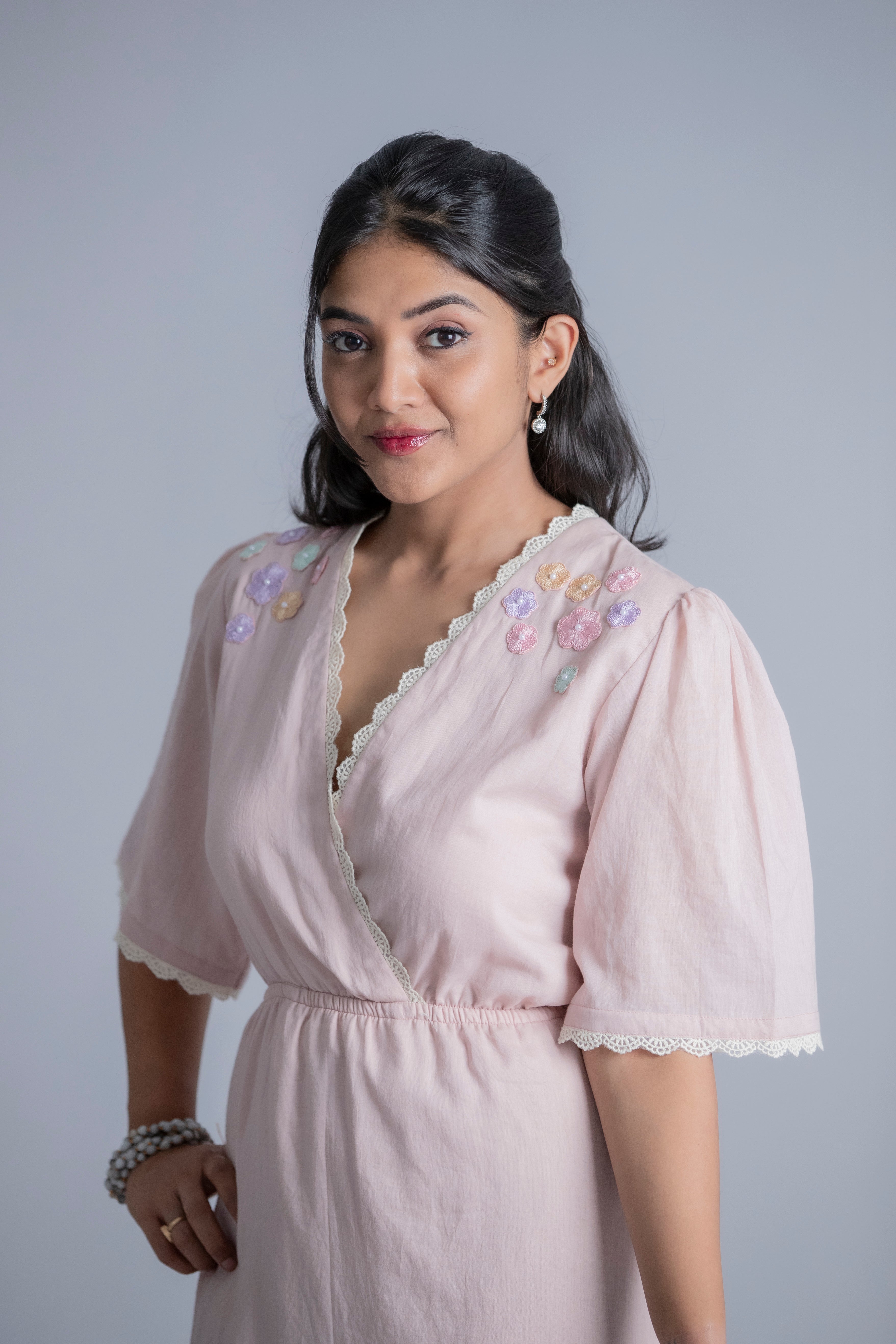 Blush Pink Linen Wrap Dress with Pastel Hand-Embroidered Details