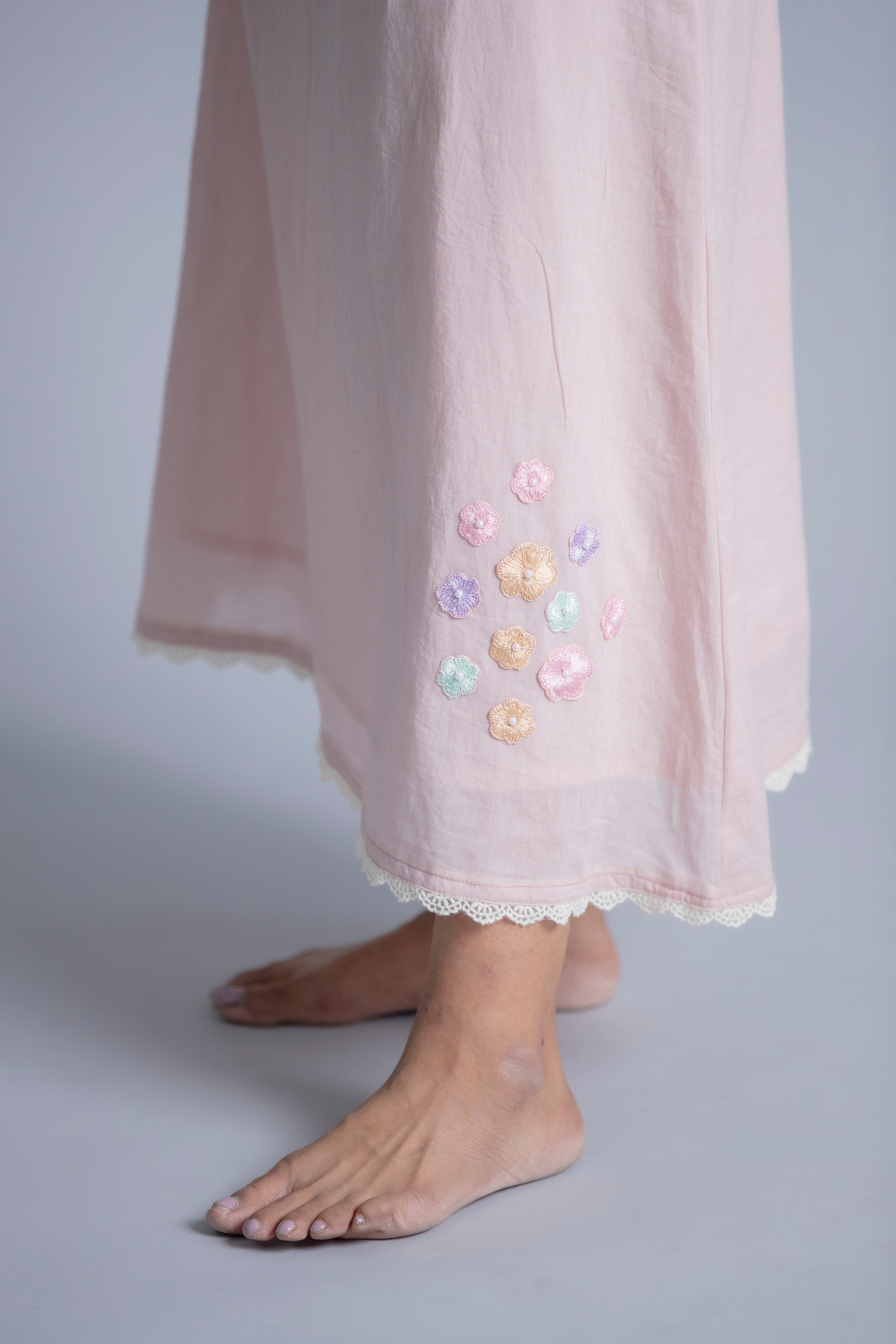 Blush Pink Linen Wrap Dress with Pastel Hand-Embroidered Details