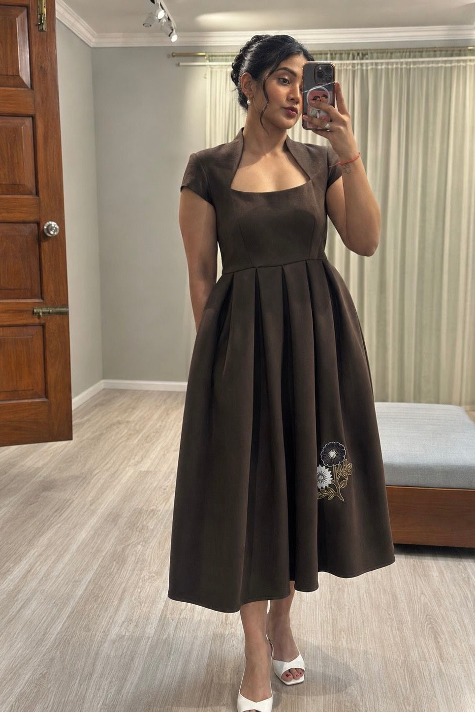 Brown Square Neck Embroidered  Midi Dress