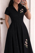 Black Suede Embroidered Midi Dress