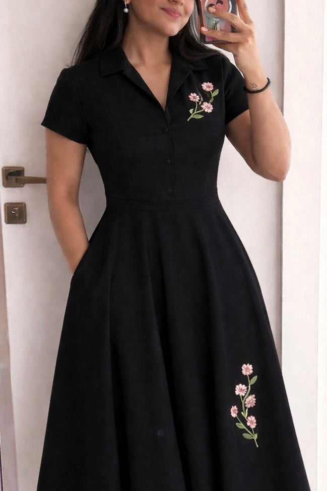 Black Suede Embroidered Midi Dress