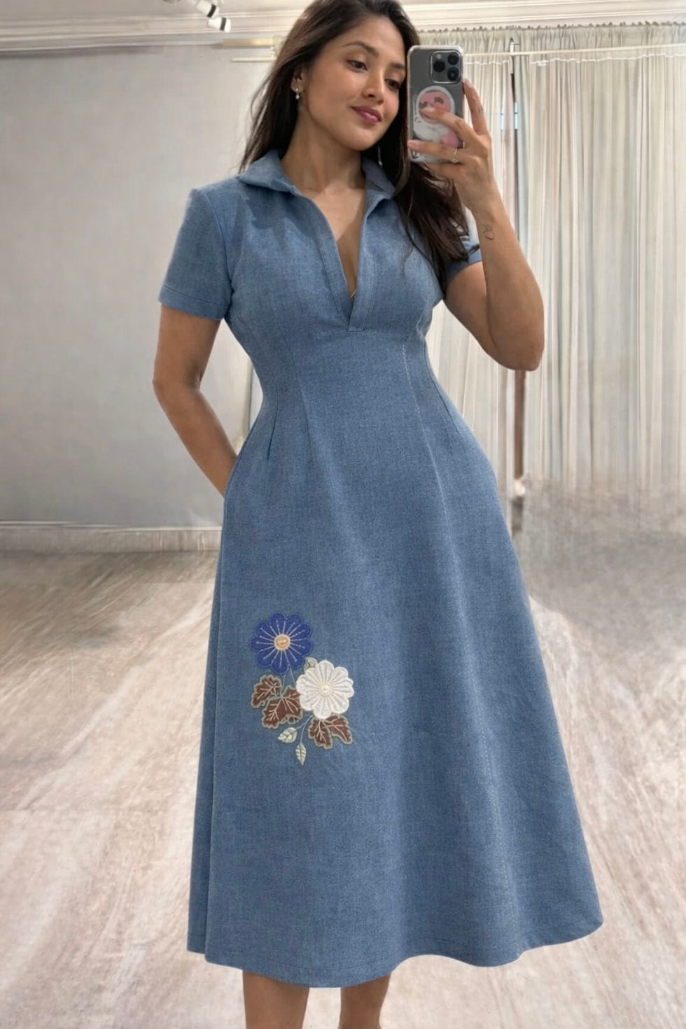 Blue Suede Embroidered Midi Dress