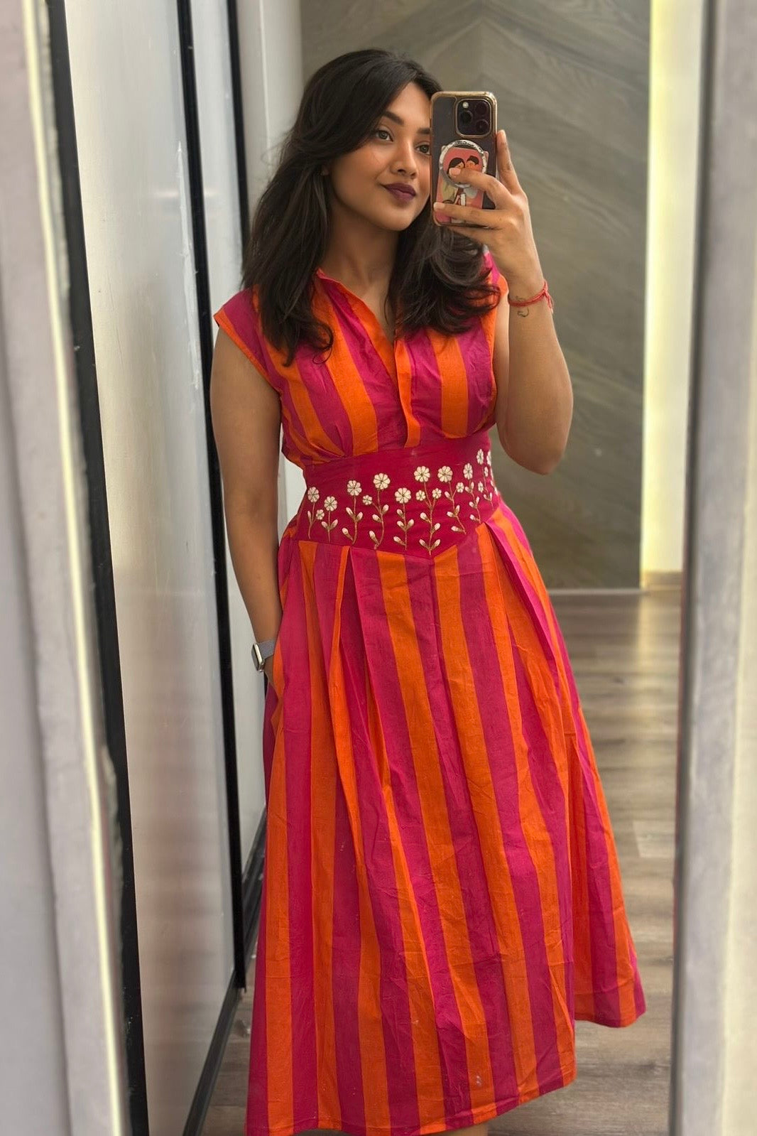 Sunset Stripe Embroidered Midi Dress