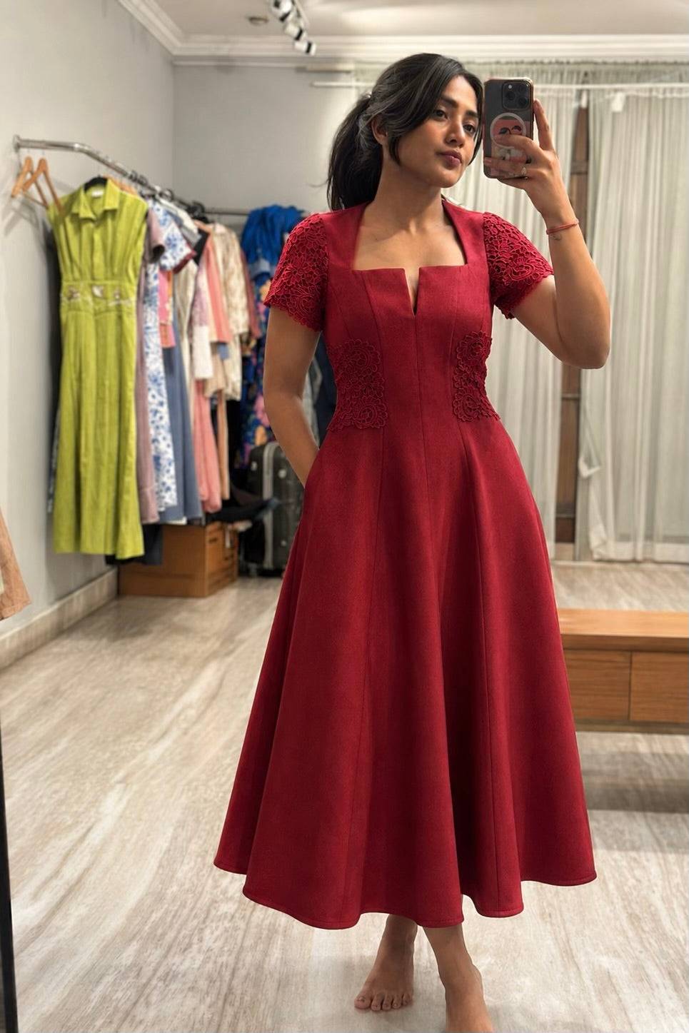 Wine Lace-Crafted Midi Dress