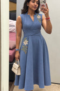 Blue Floral Embroidered Wrap Midi Dress