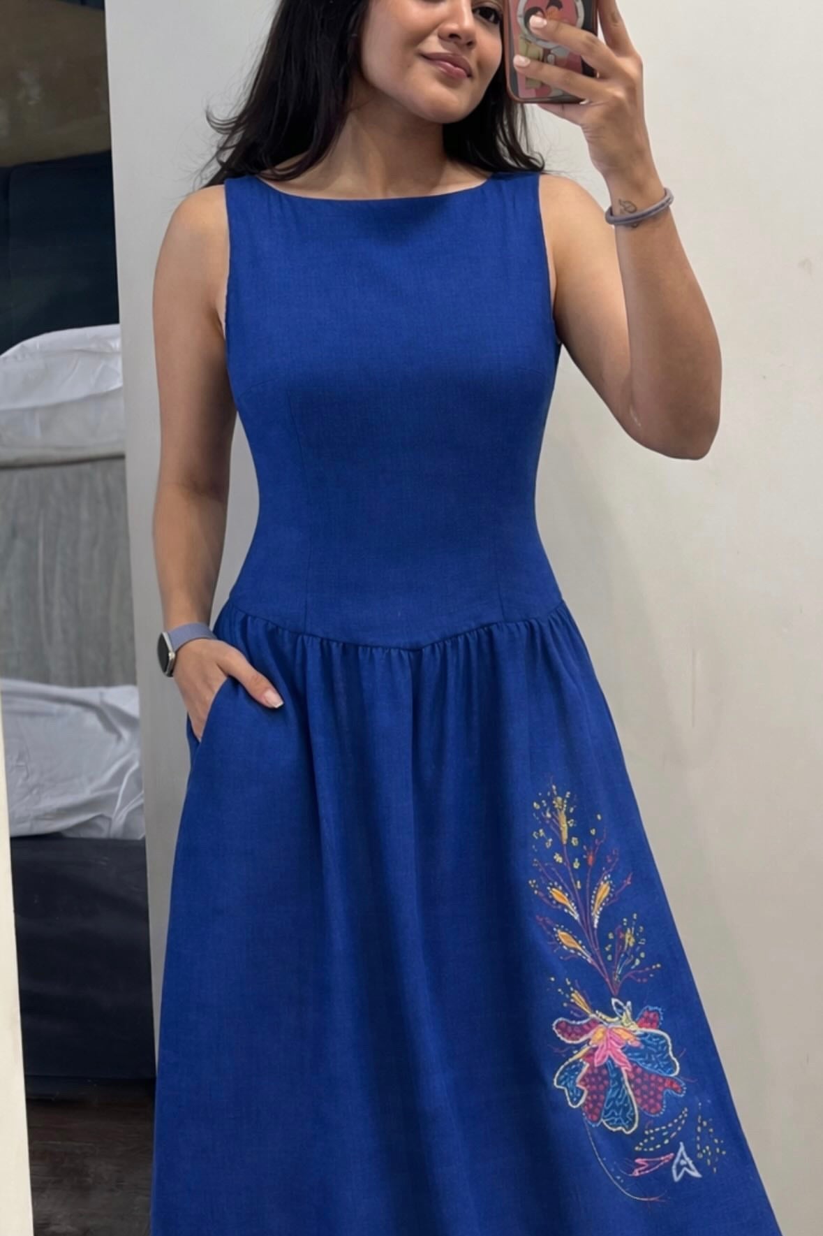 Royal Blue Sleeveless Embroidered Midi Dress