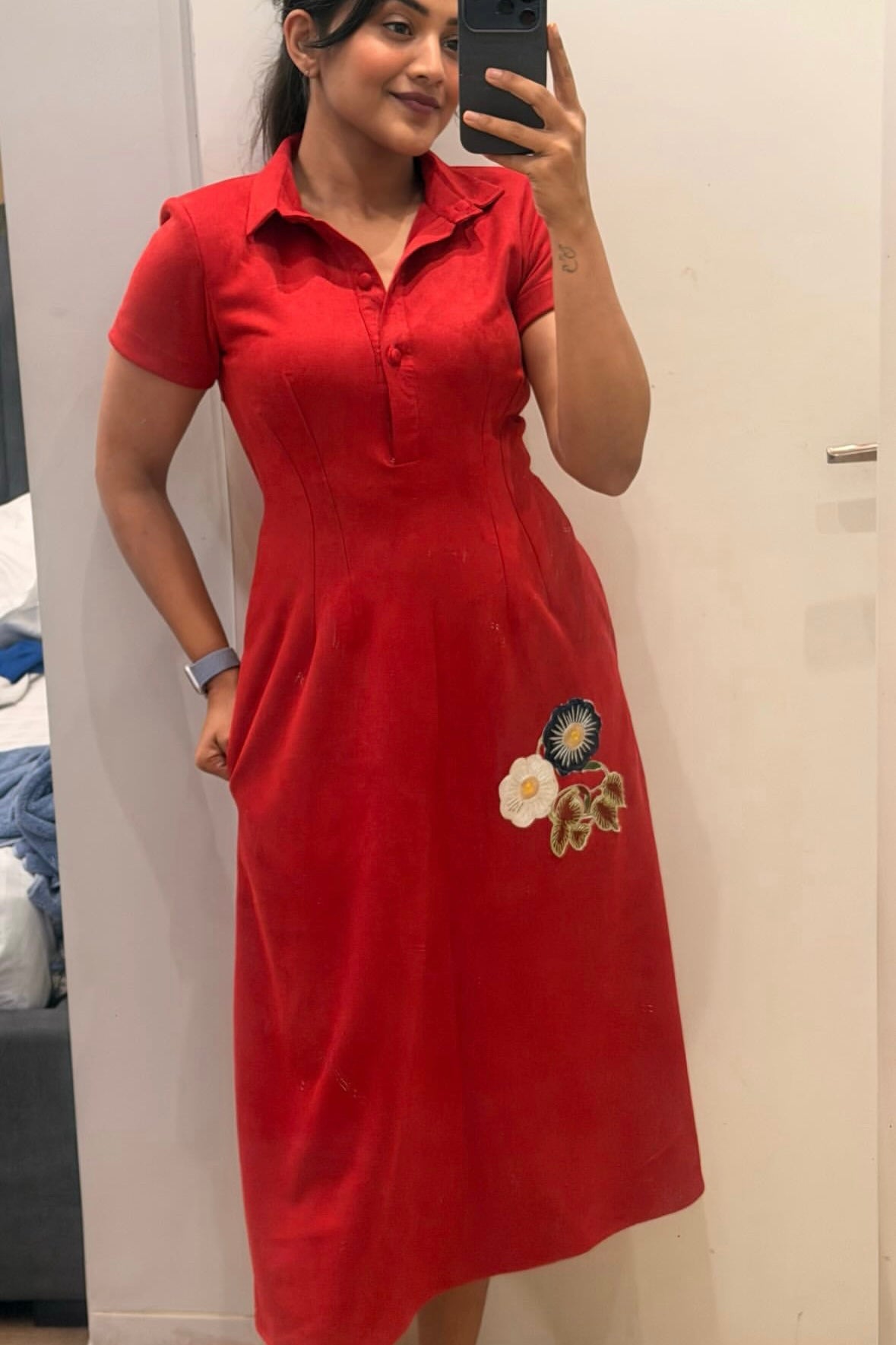 Red Embroidered Fit Suede Midi Dress