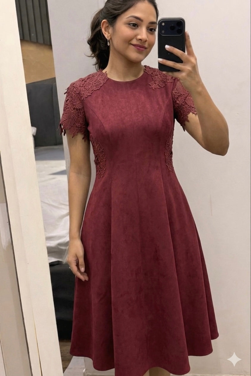 Wine Lace-Detailed Midi Dress