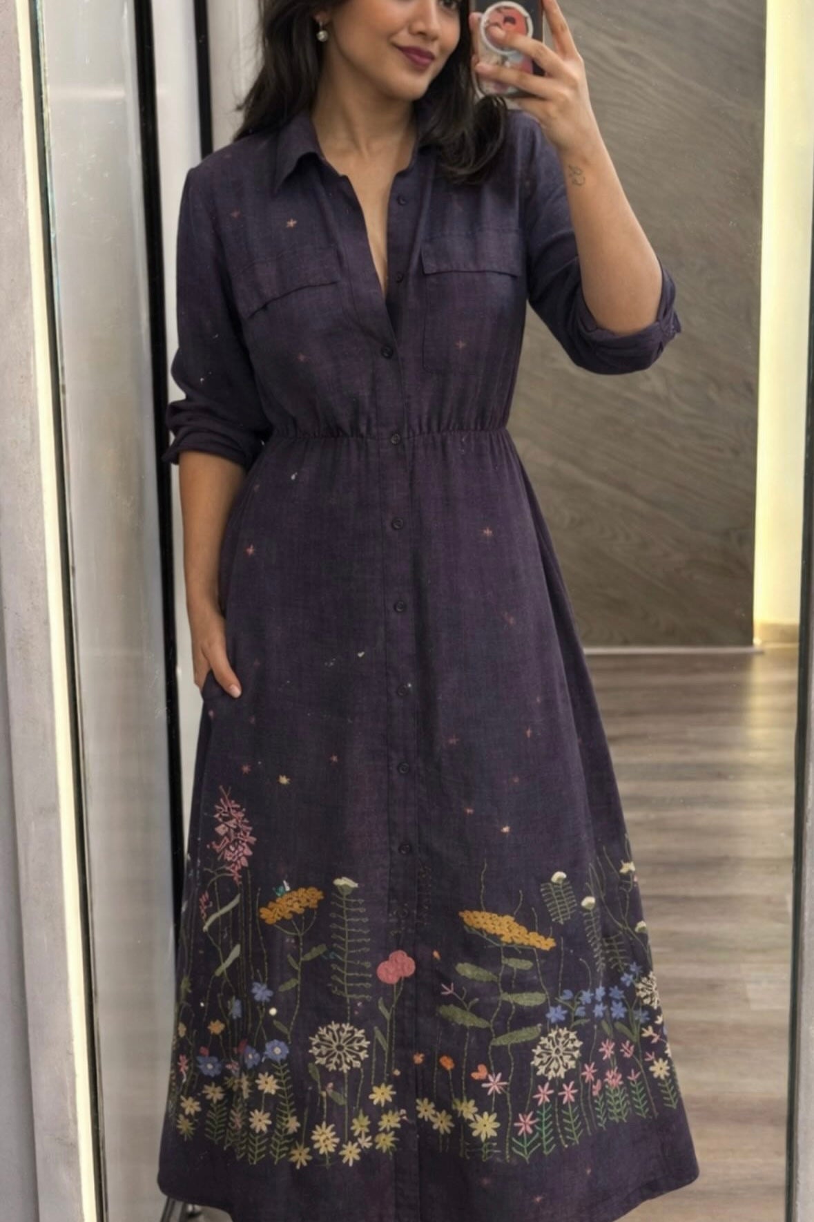 Indigo Meadow Shirt Collar Floral Embroidered Maxi Dress