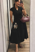 Black sandwash Embroidered Midi Dress