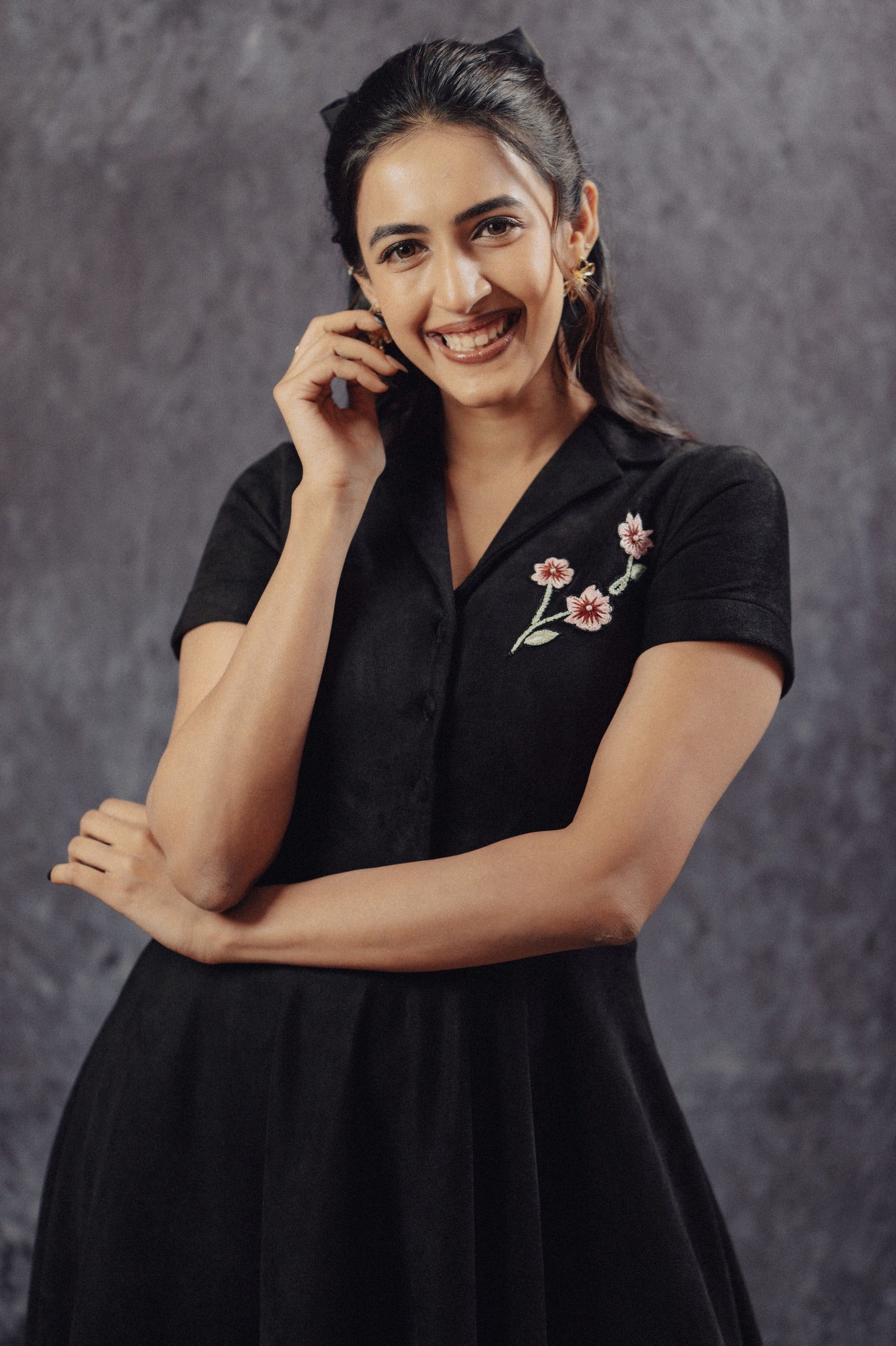Black Suede Embroidered Midi Dress