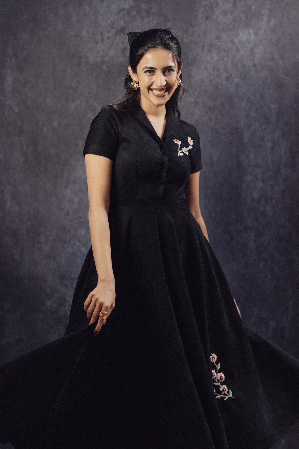 Black Suede Embroidered Midi Dress