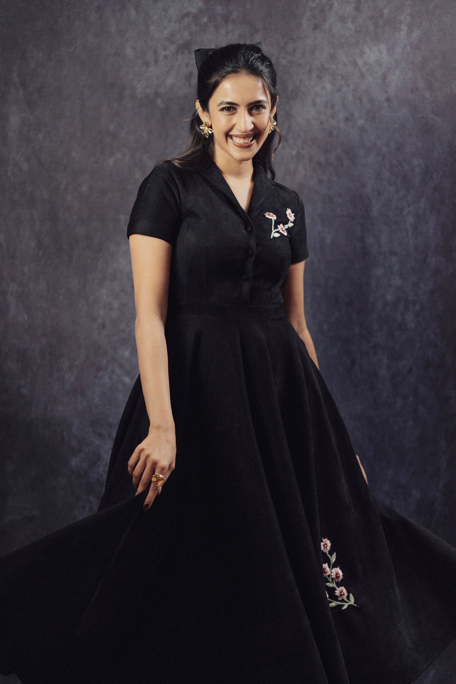 Black Suede Embroidered Midi Dress