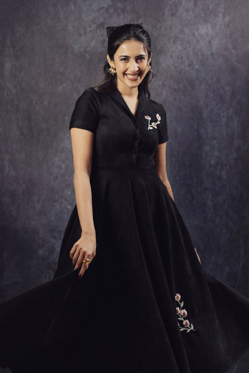 Black Suede Embroidered Midi Dress