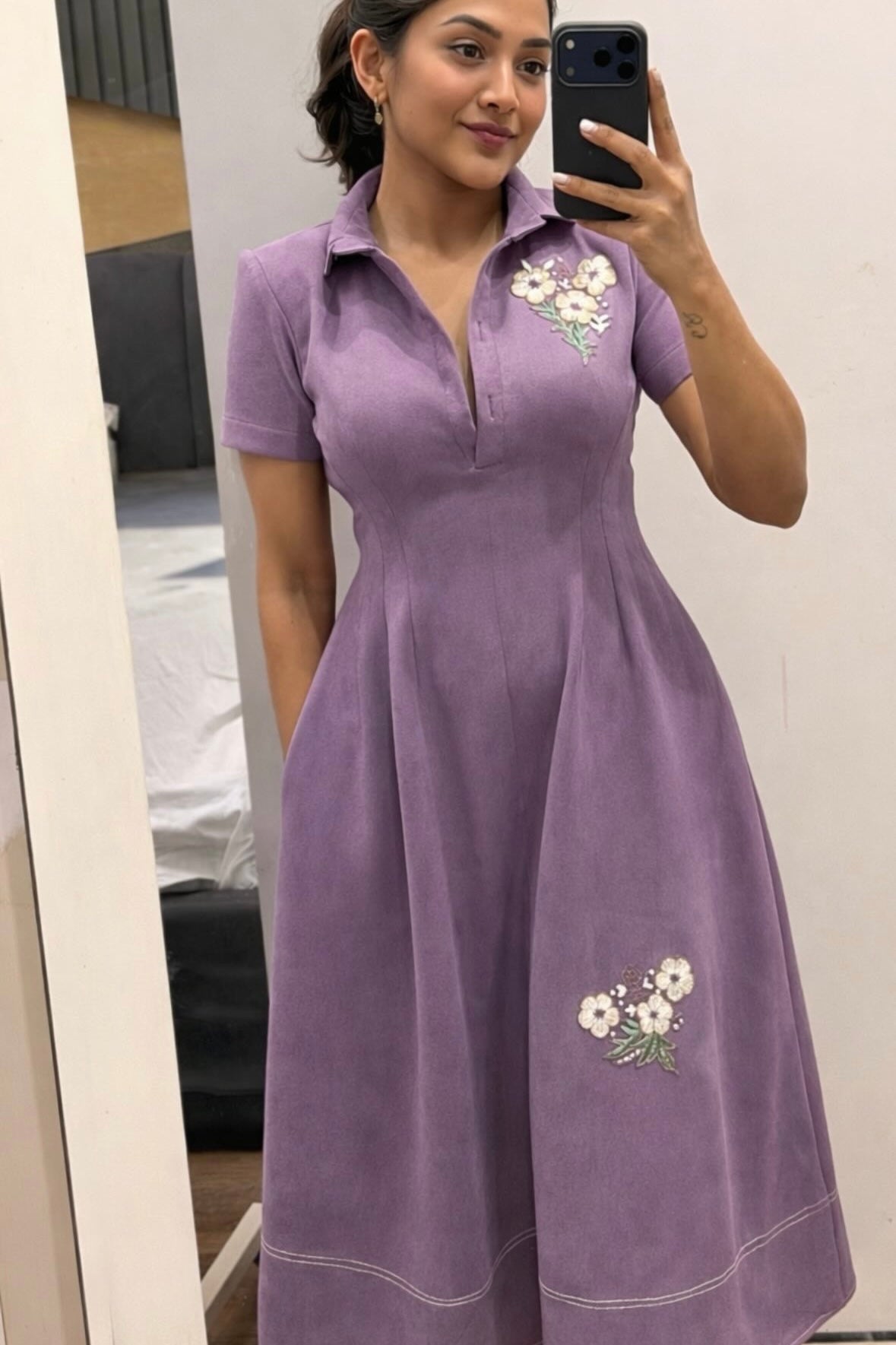 Lavender Embroidered Suede Midi Dress