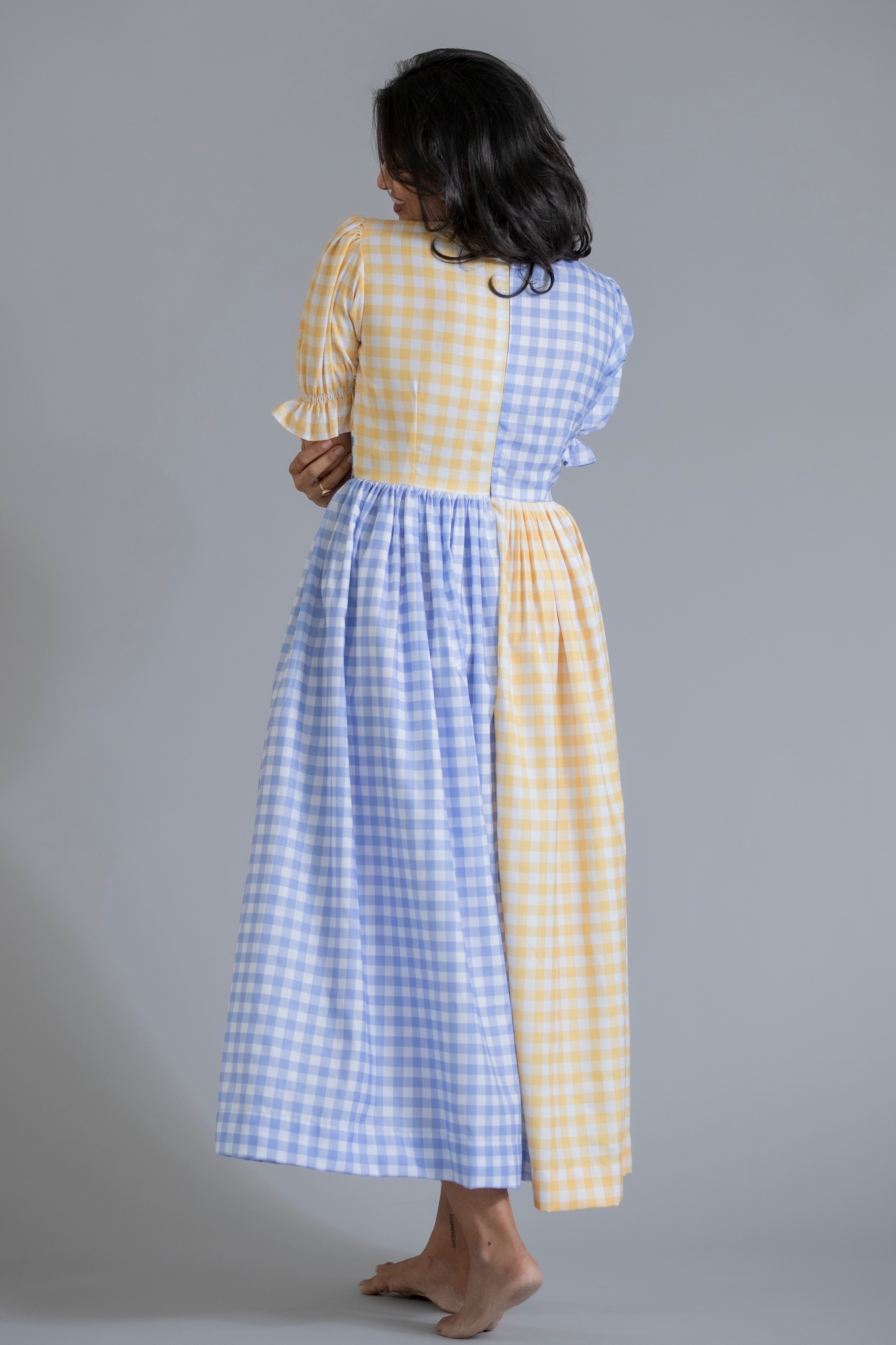 Yellow & Blue Gingham Maxi Dress with Puff Sleeves