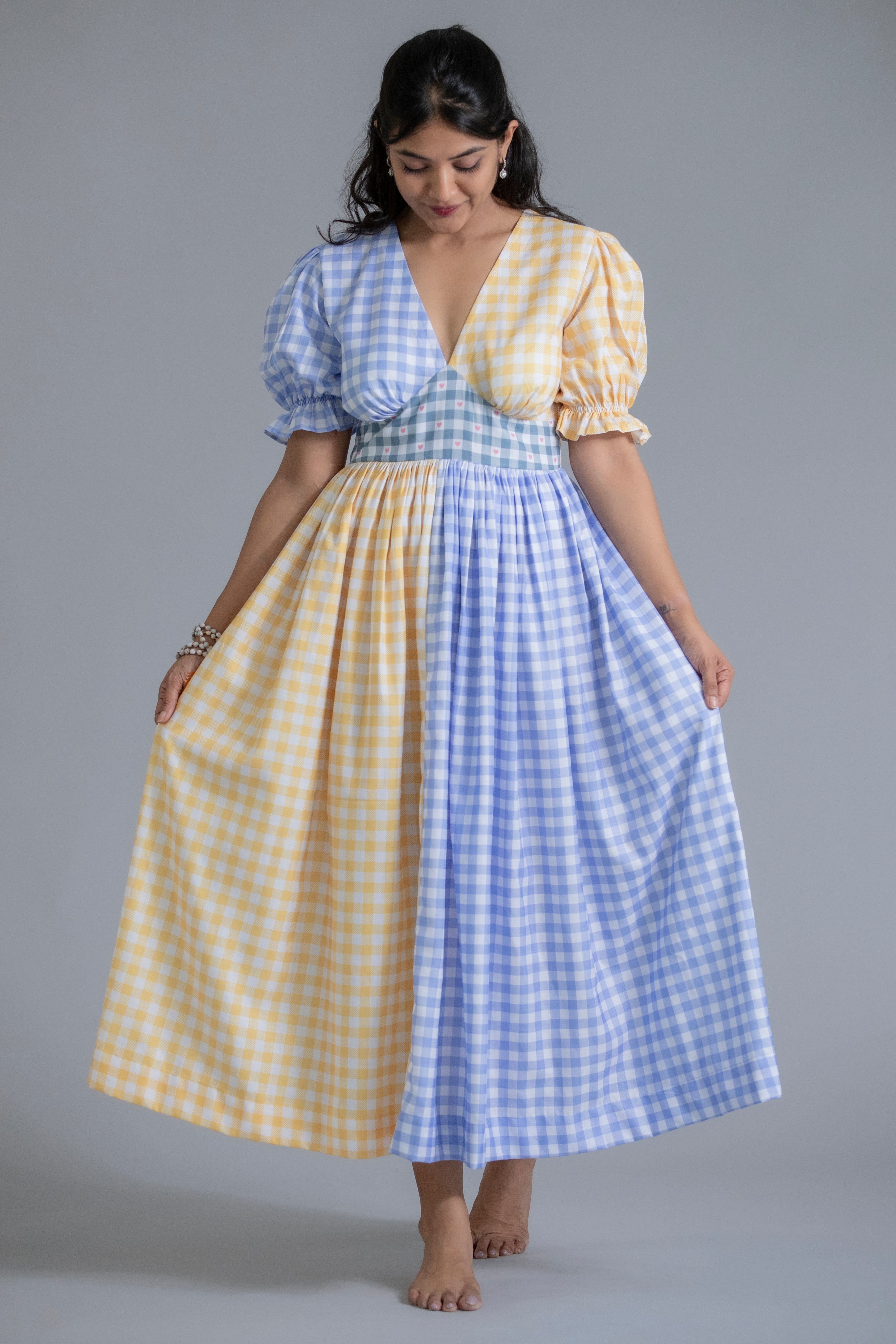 Yellow & Blue Gingham Maxi Dress with Puff Sleeves