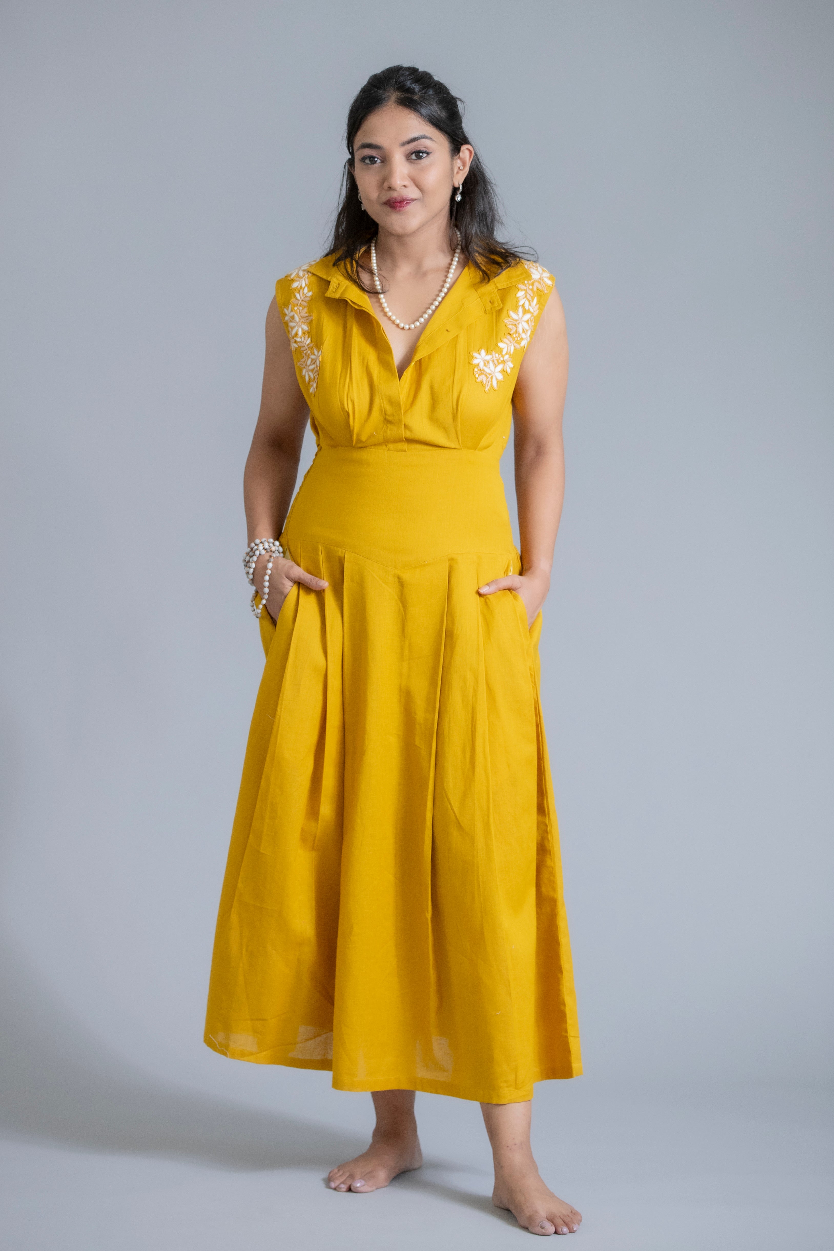 Mustard Bloom Hand-Embroidered Summer Dress
