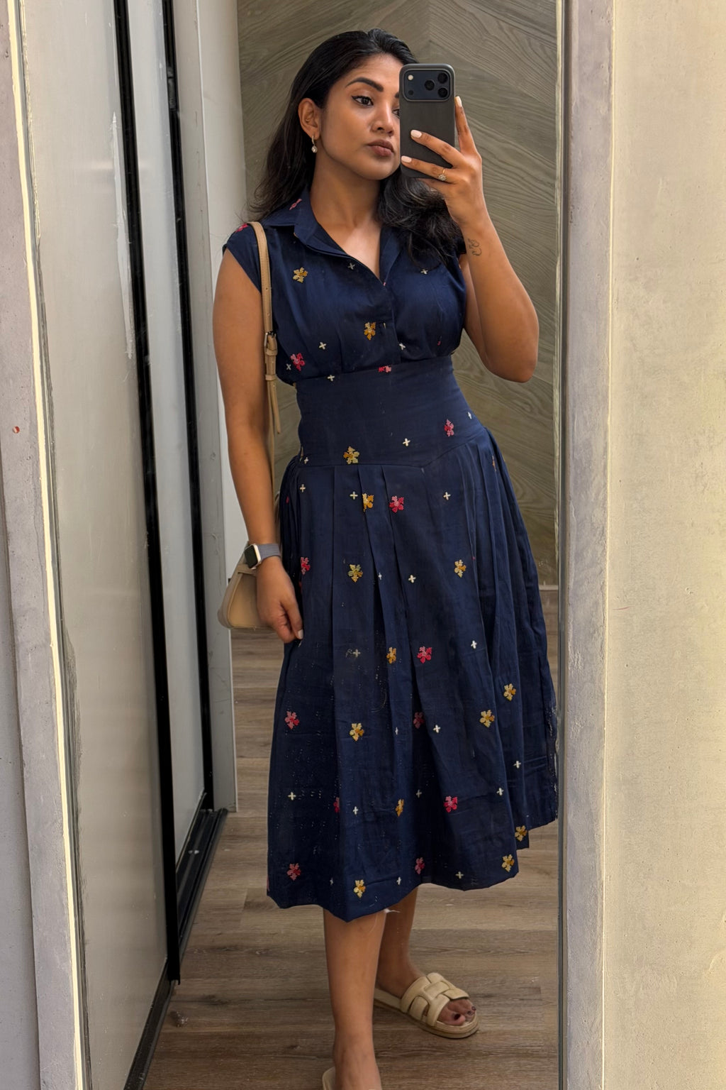 Everyday Bloom Midi Dress – Navy Blue Embroidered