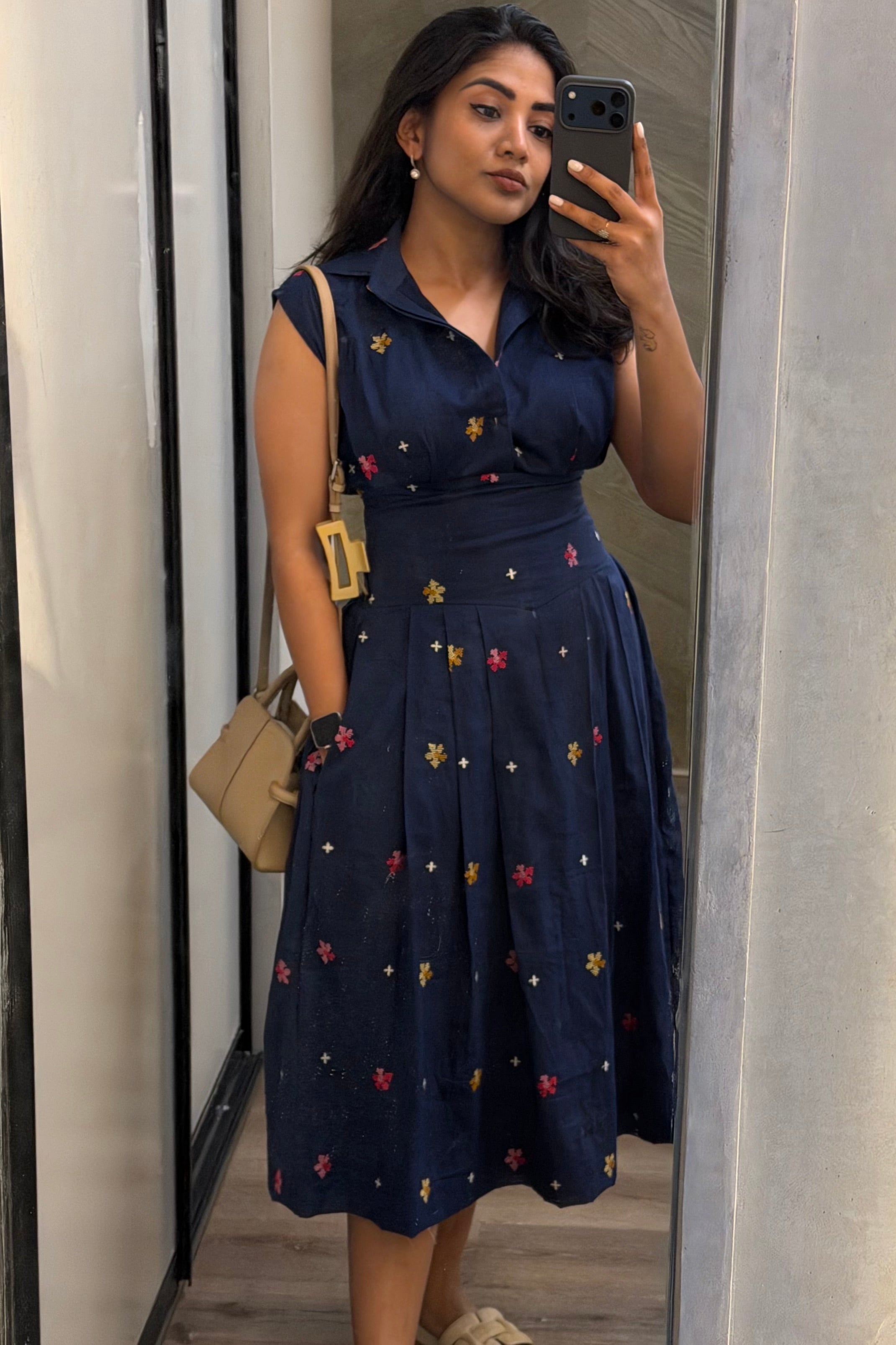 Everyday Bloom Midi Dress – Navy Blue Embroidered