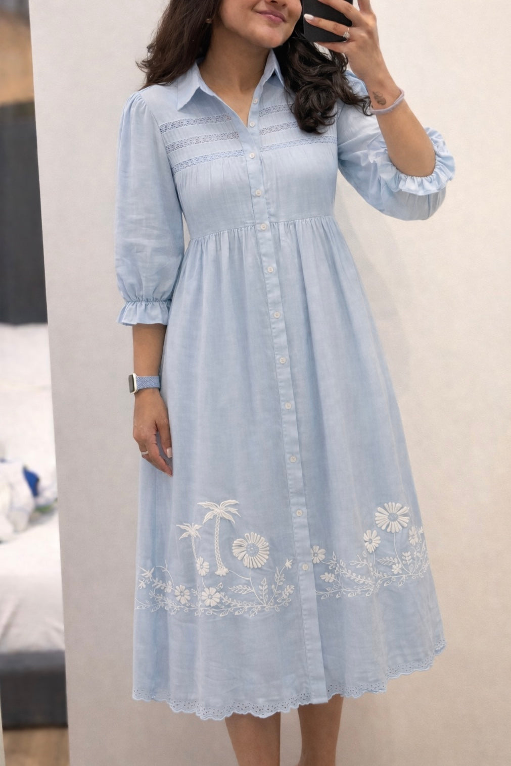 Powder Blue Embroidered Shirt Midi Dress