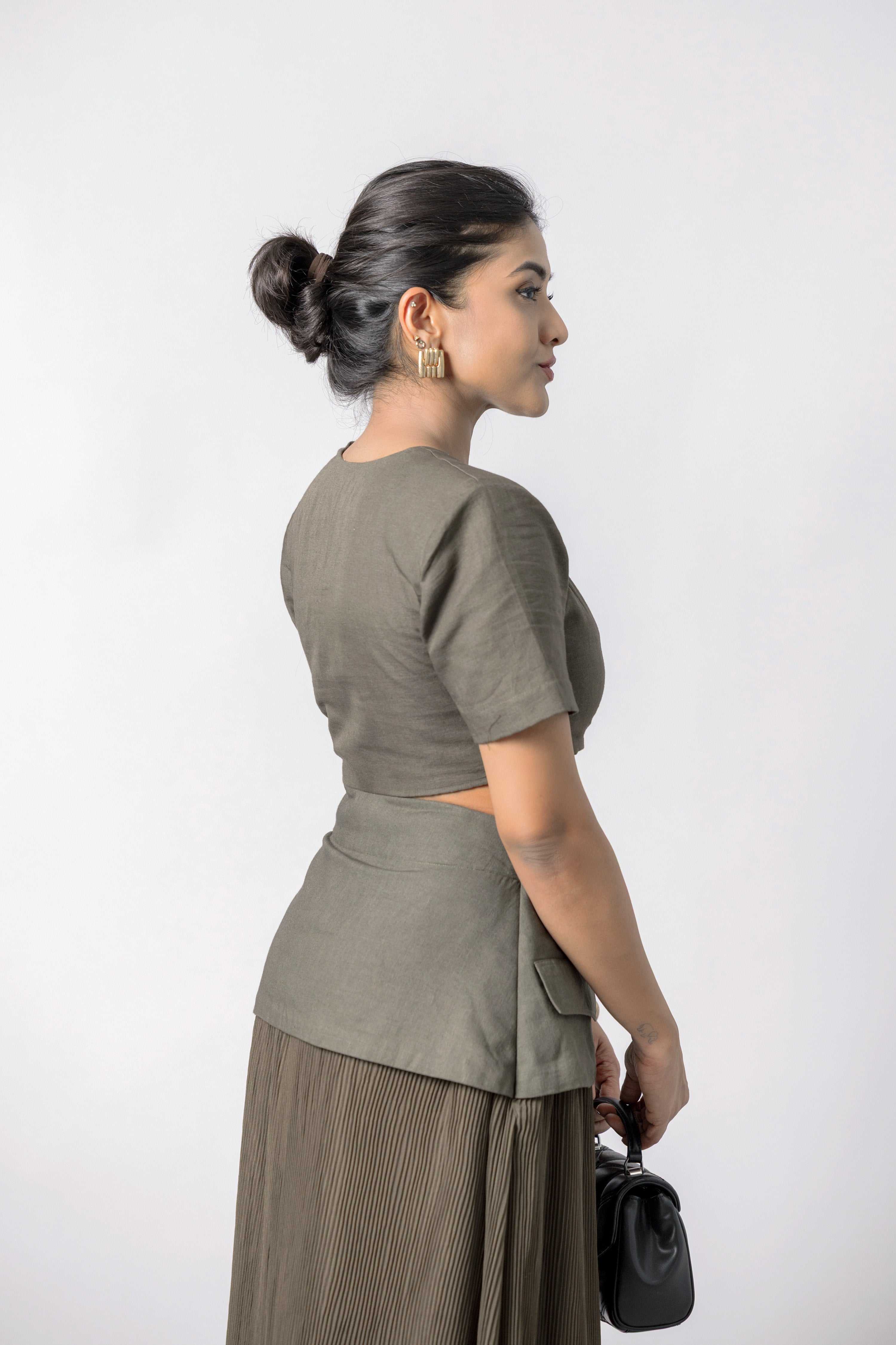 Olive Asymmetric Top & Pleated Wide-Leg Pants Co-Ord Set