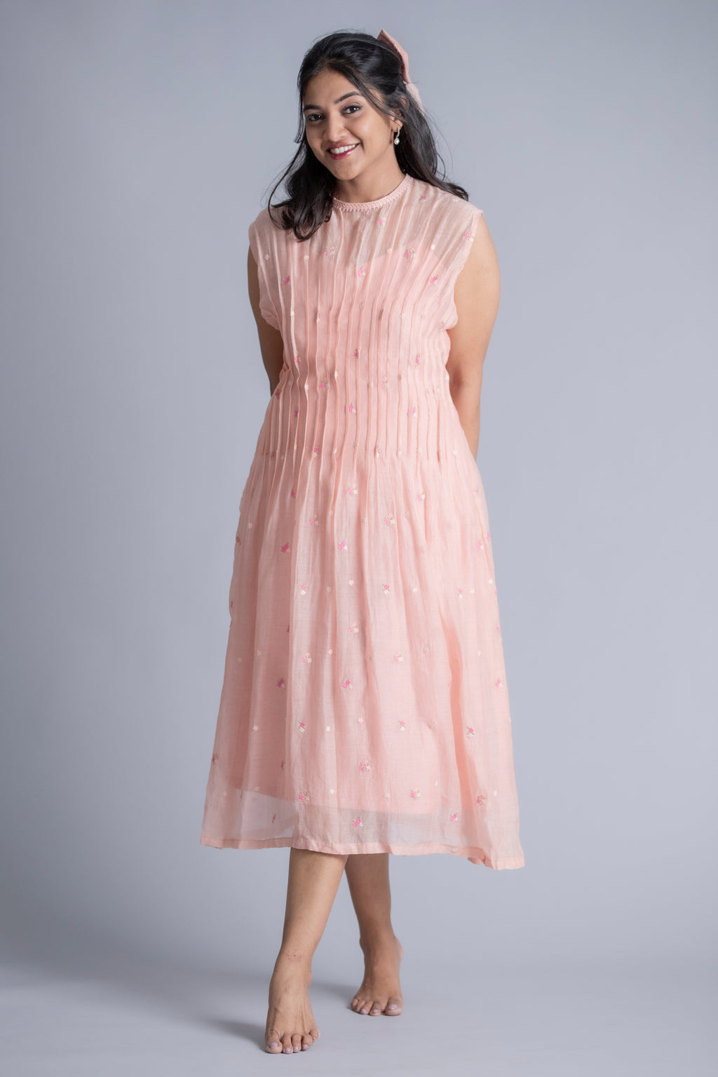Pleated Blush Pink Embroidered Midi Dress