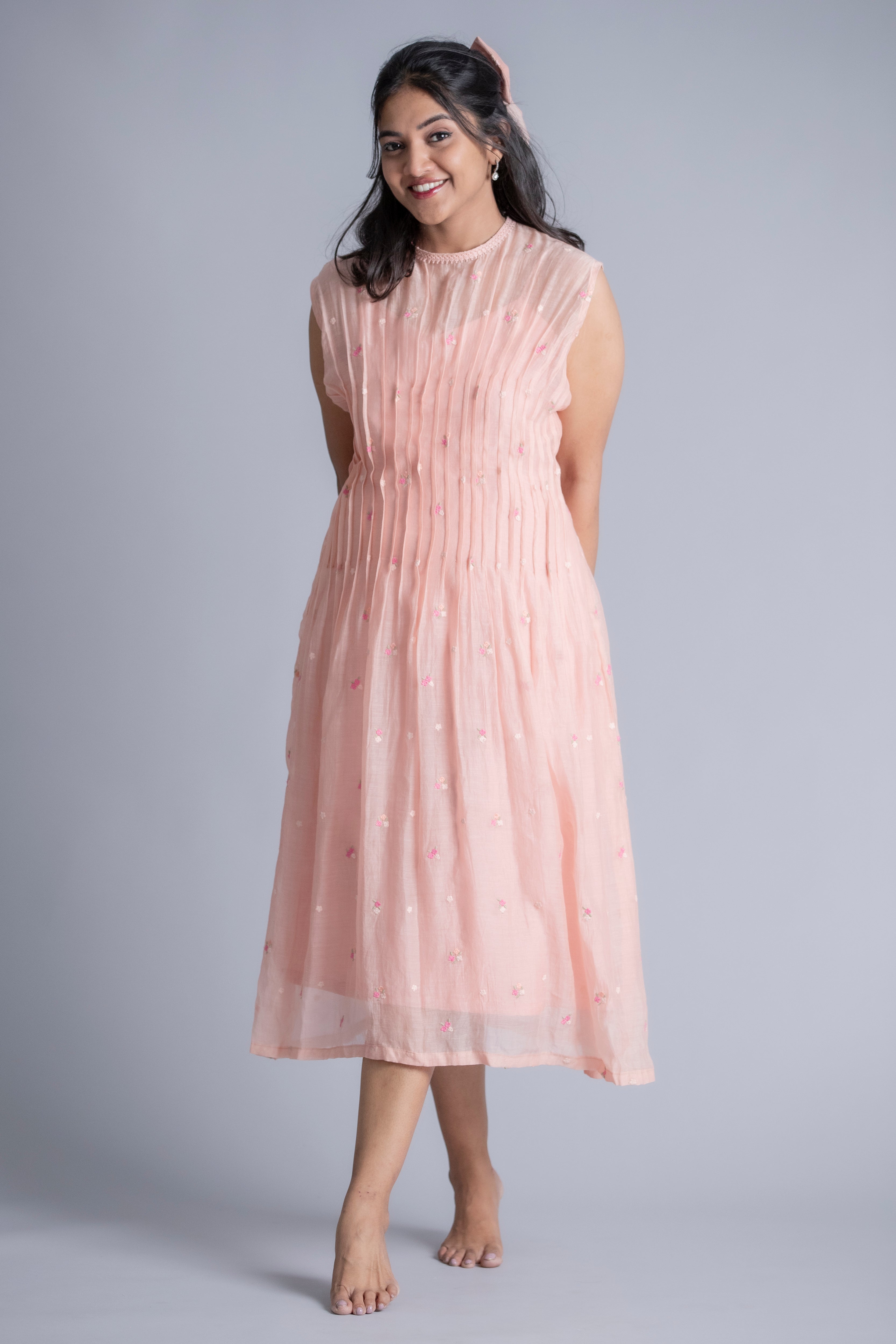 Pleated Blush Pink Embroidered Midi Dress