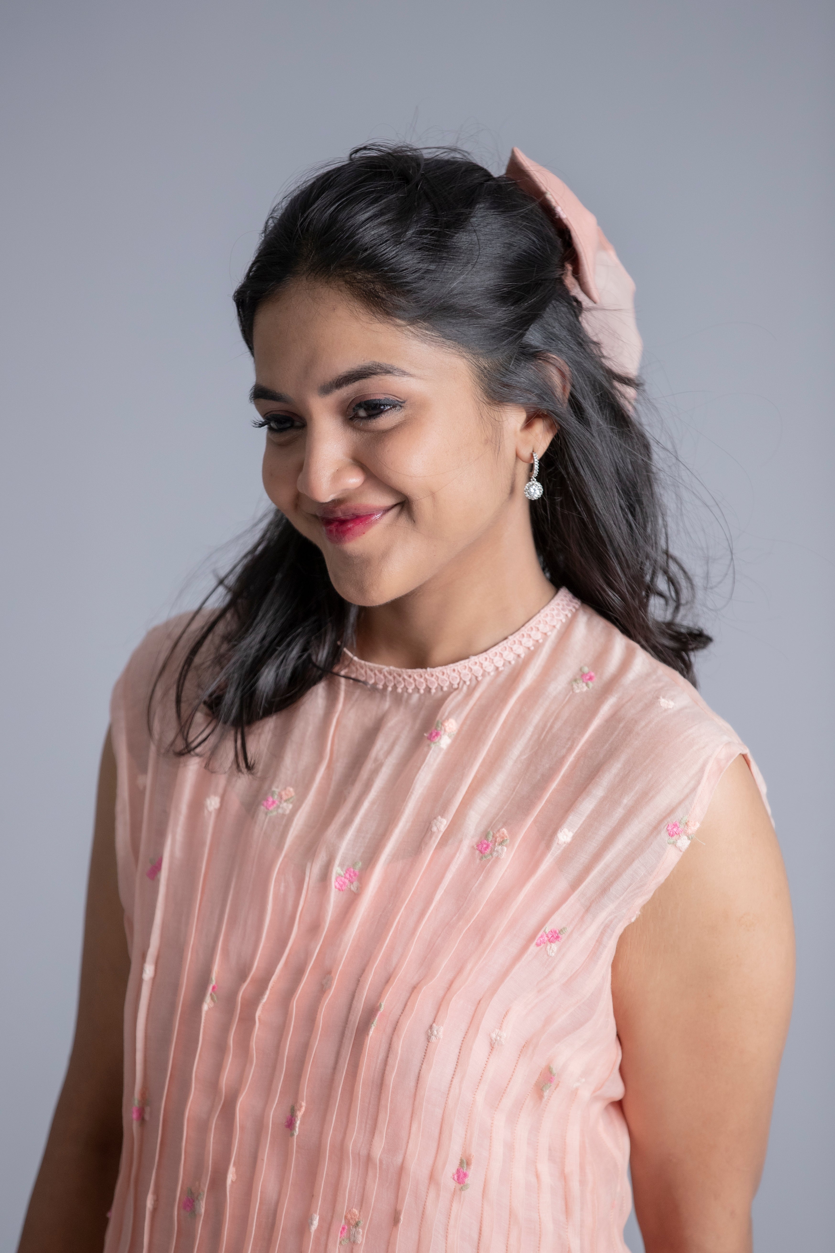 Pleated Blush Pink Embroidered Midi Dress