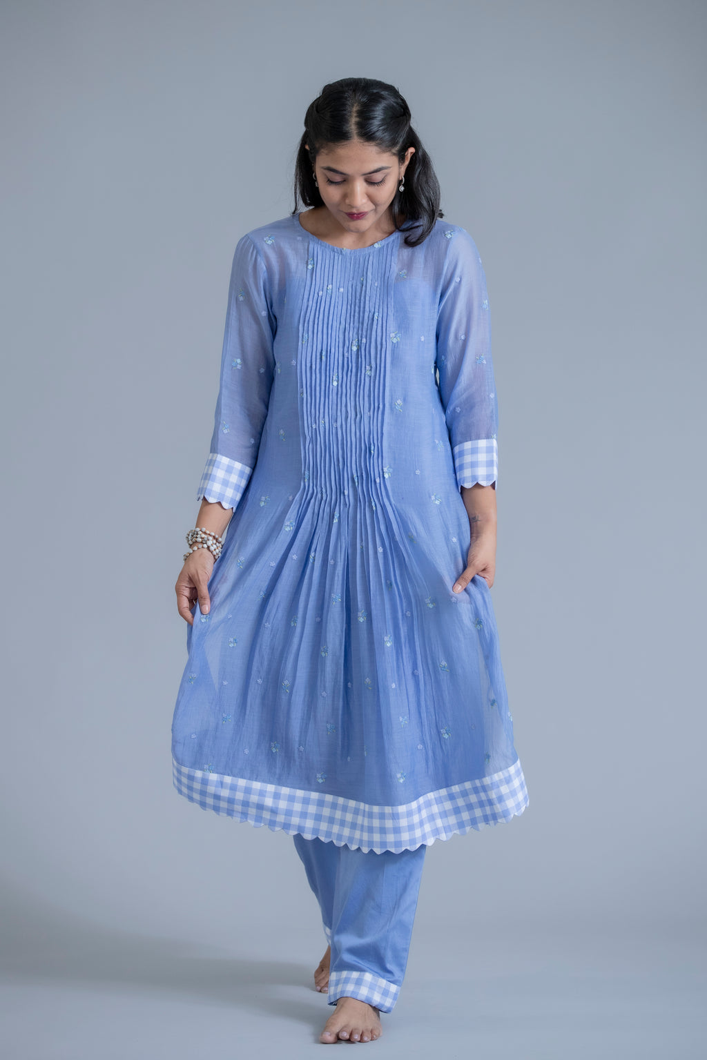 Powder Blue Embroidered Kurta Set with Gingham Detail