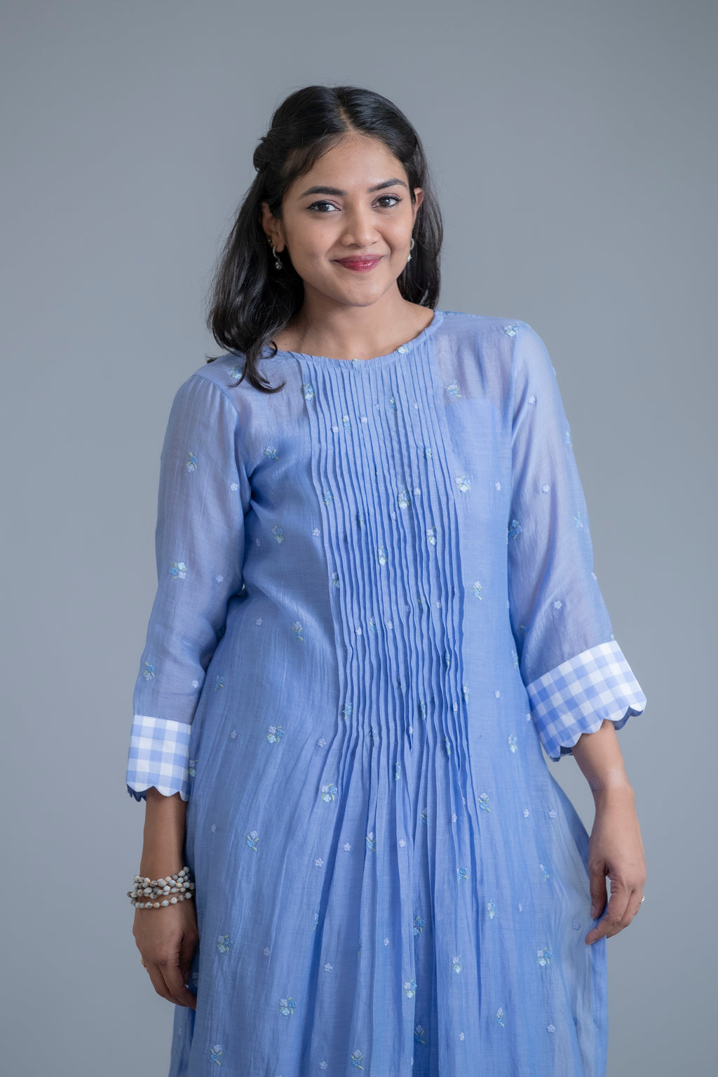 Powder Blue Embroidered Kurta Set with Gingham Detail