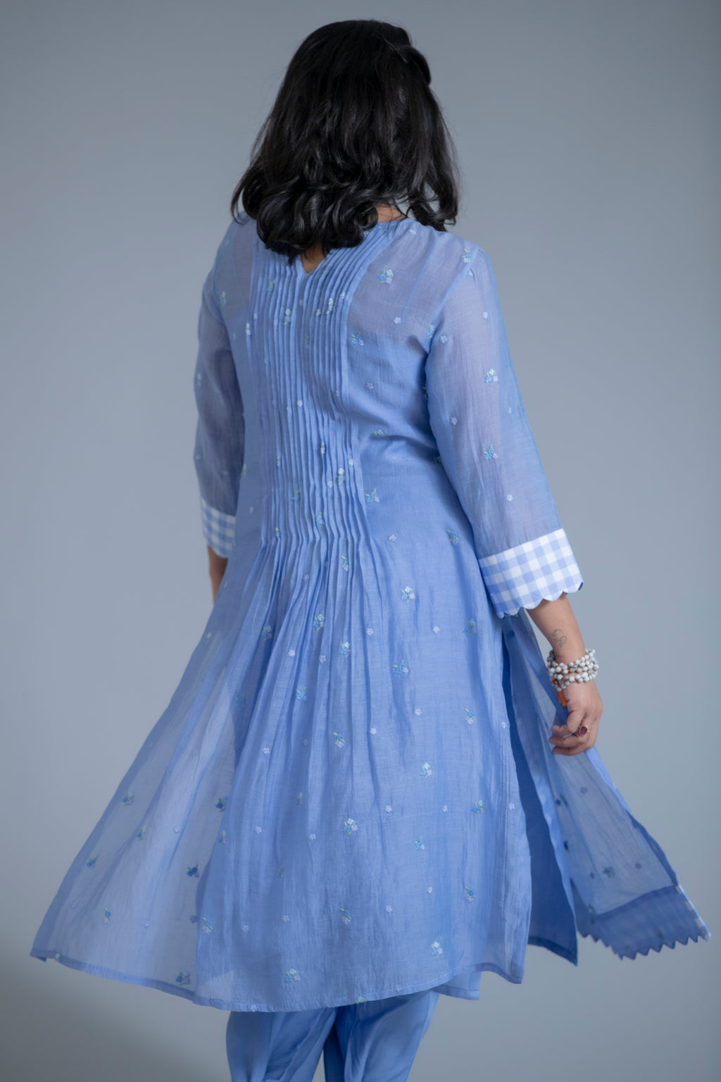 Powder Blue Embroidered Kurta Set with Gingham Detail