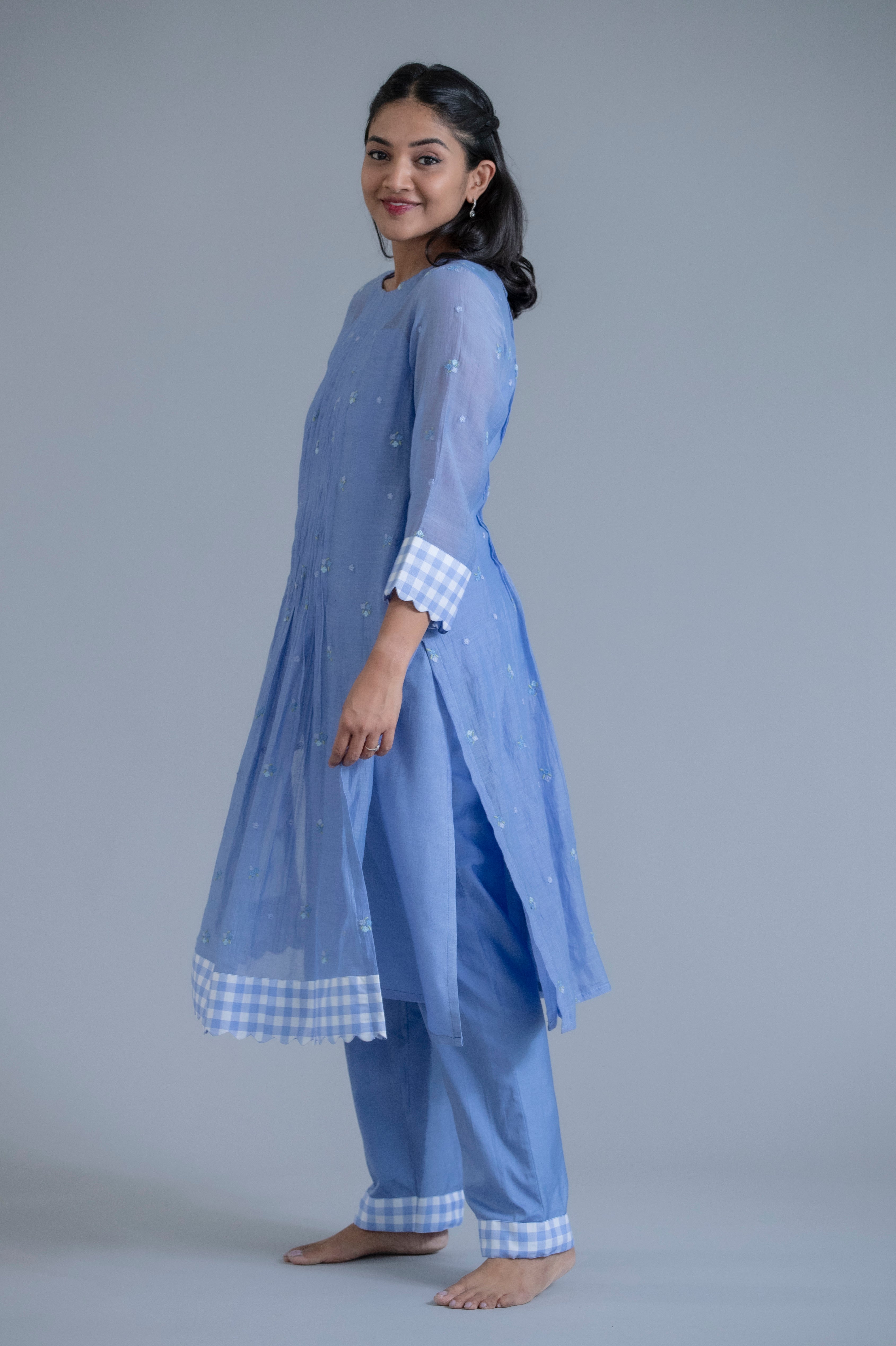 Powder Blue Embroidered Kurta Set with Gingham Detail