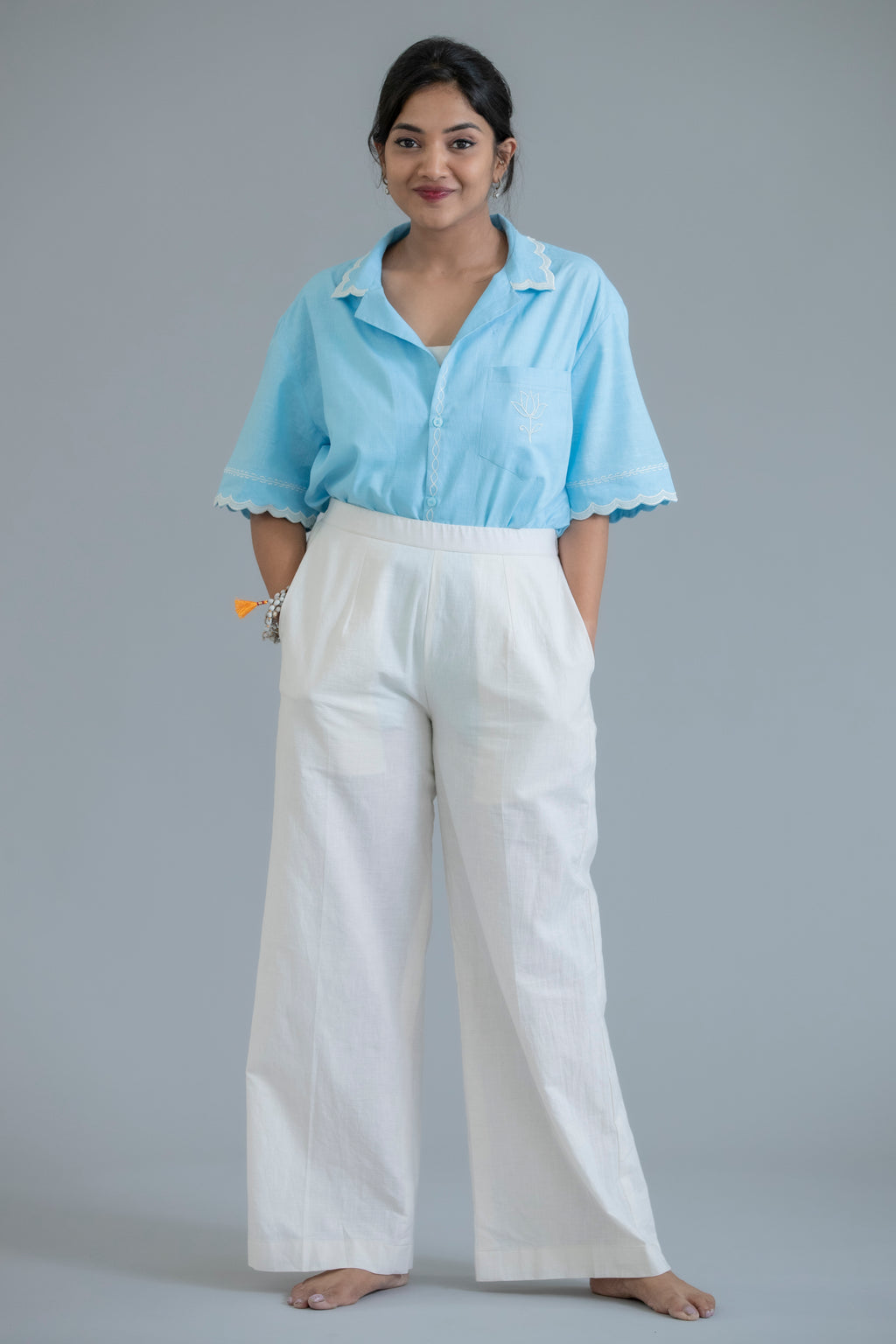 Sky Blue Scallop Shirt & Ivory Wide-Leg Pants Co-Ord Set